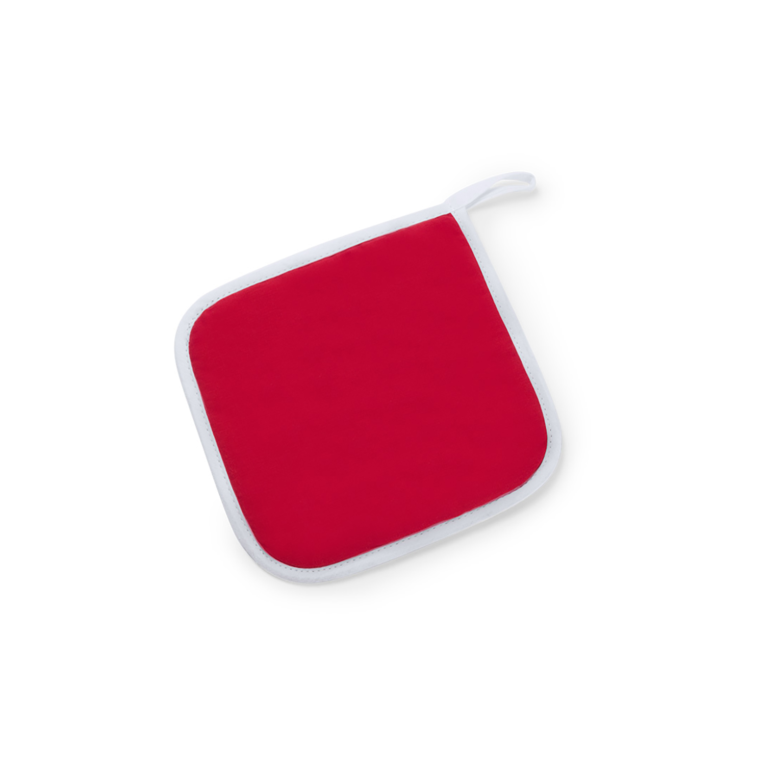 Un agarrador rojo con borde blanco y lazo, aislado sobre fondo blanco.