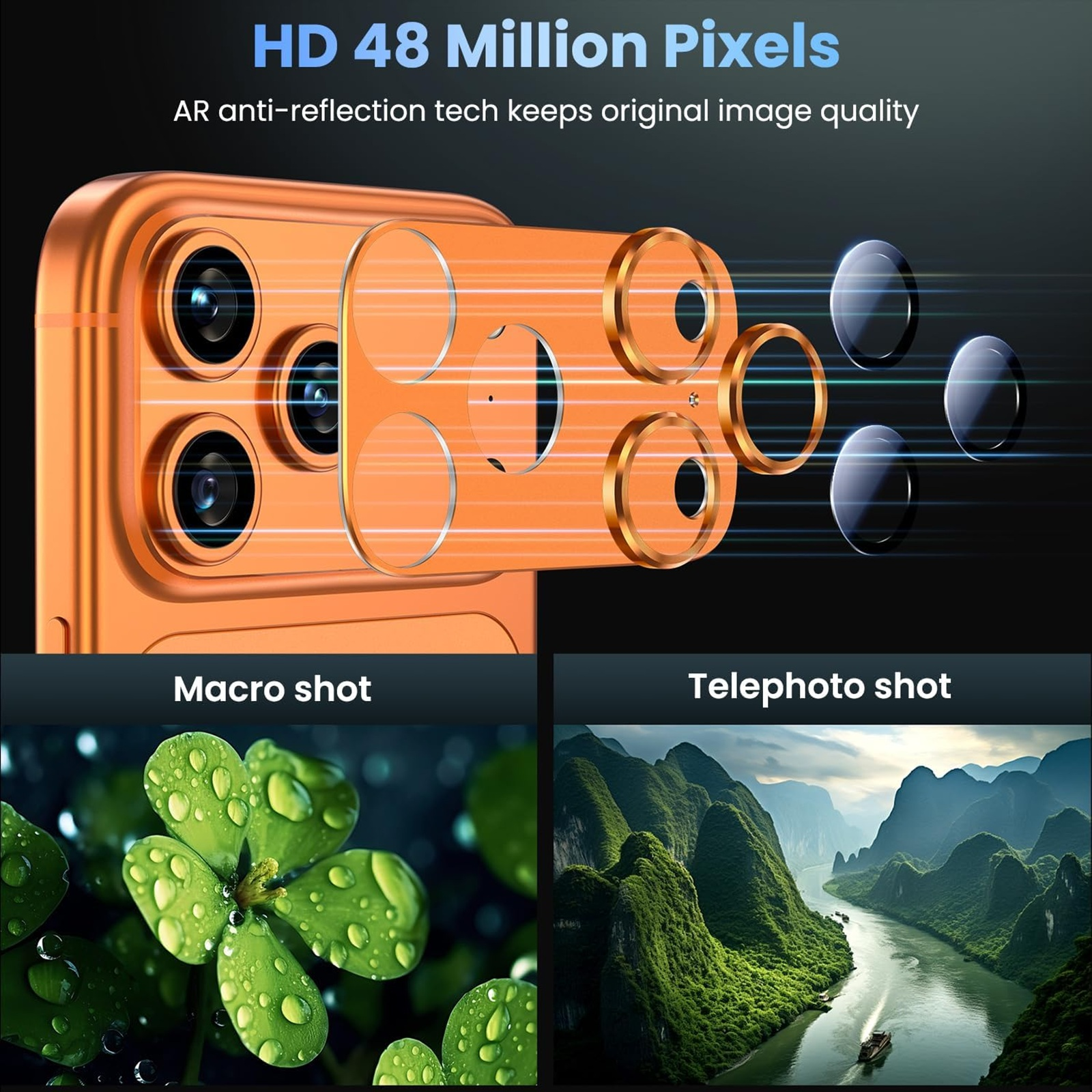 Orange Handykamera mit vier Linsen, Makro und Telefoto-Aufnahmen.