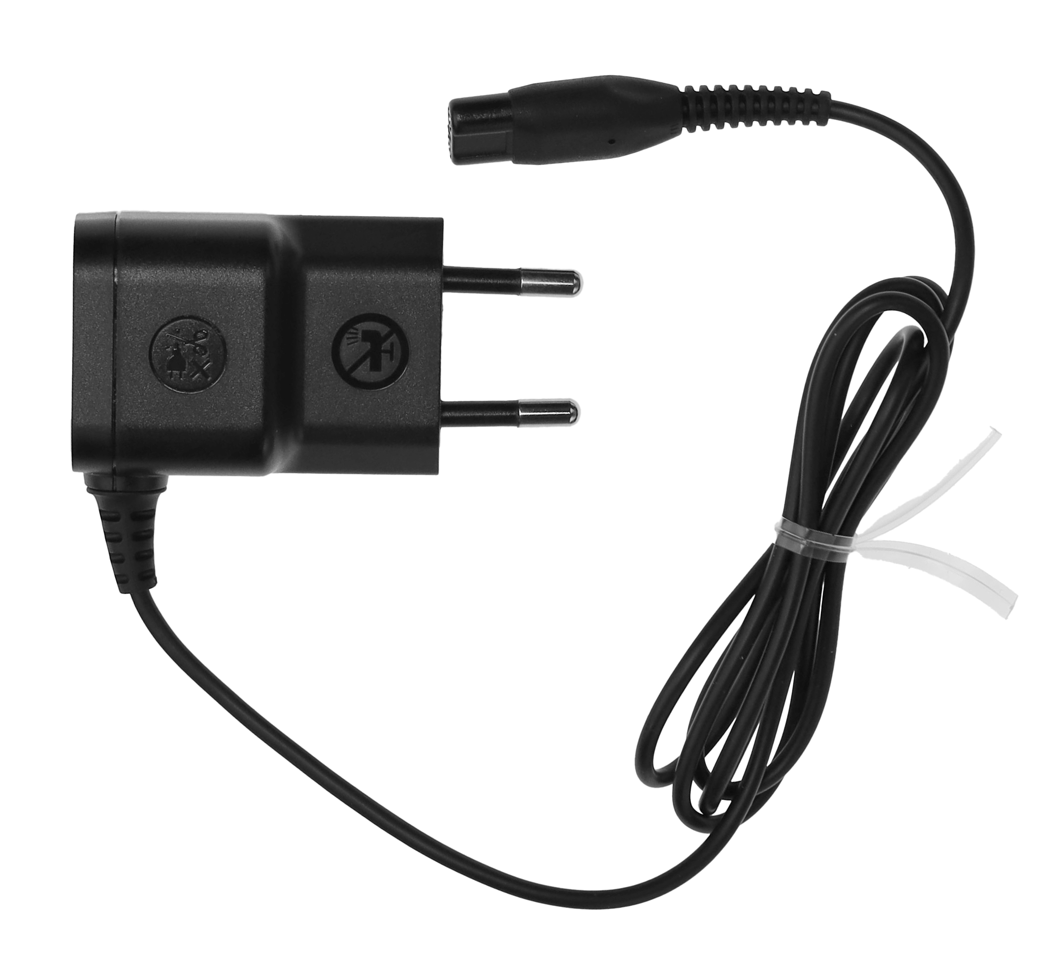 Schwarzes Netzteil mit Kabel und Stecker auf weißem Hintergrund.
