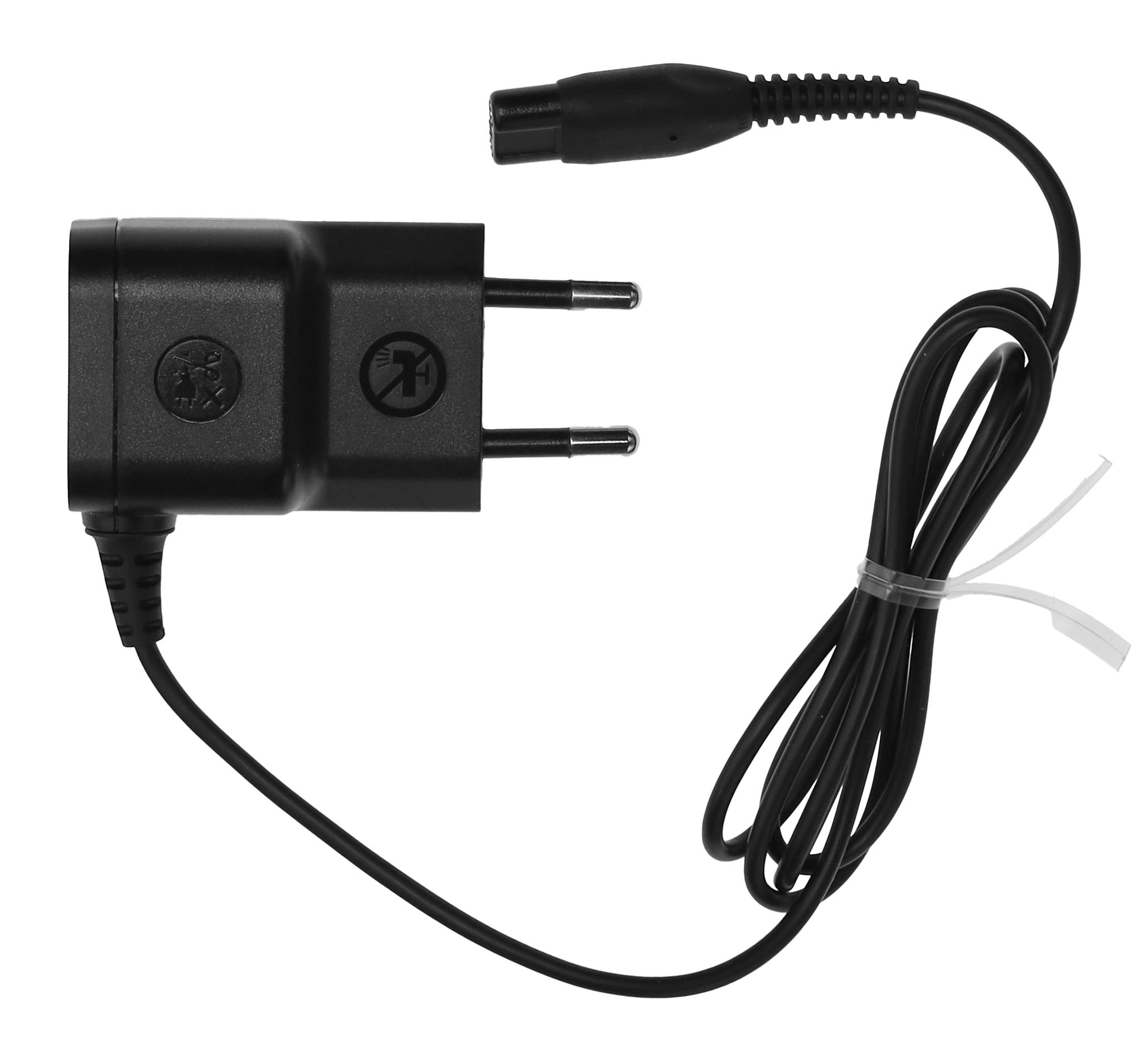 Schwarzes Ladegerät mit zwei Pins und einem Kabel mit Stecker.