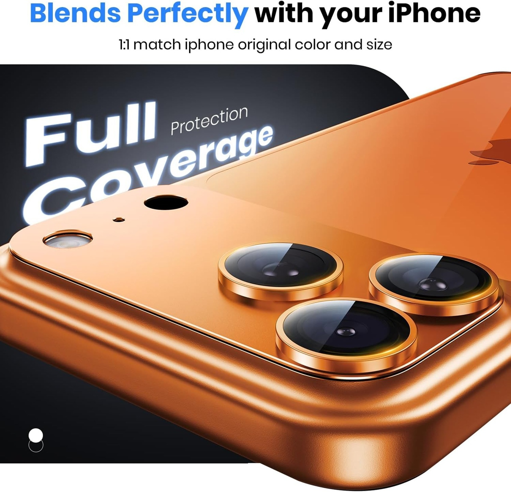 Goldenes iPhone mit drei Kameralinsen und Text 'Full Protection Coverage'.