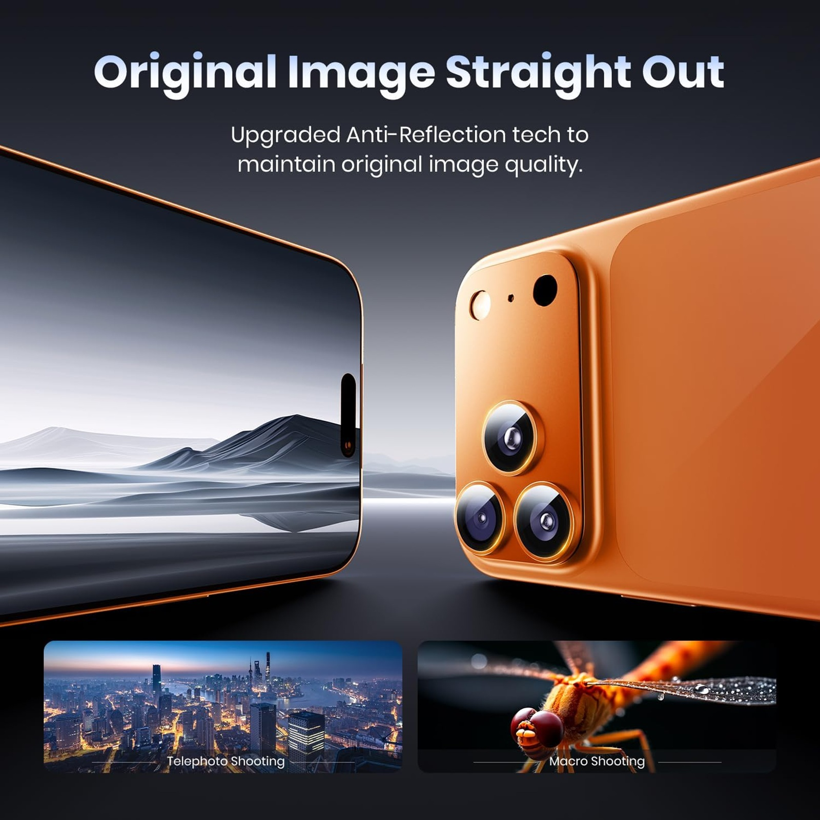 Ein orangefarbenes Smartphone mit drei Kameras wird gezeigt.