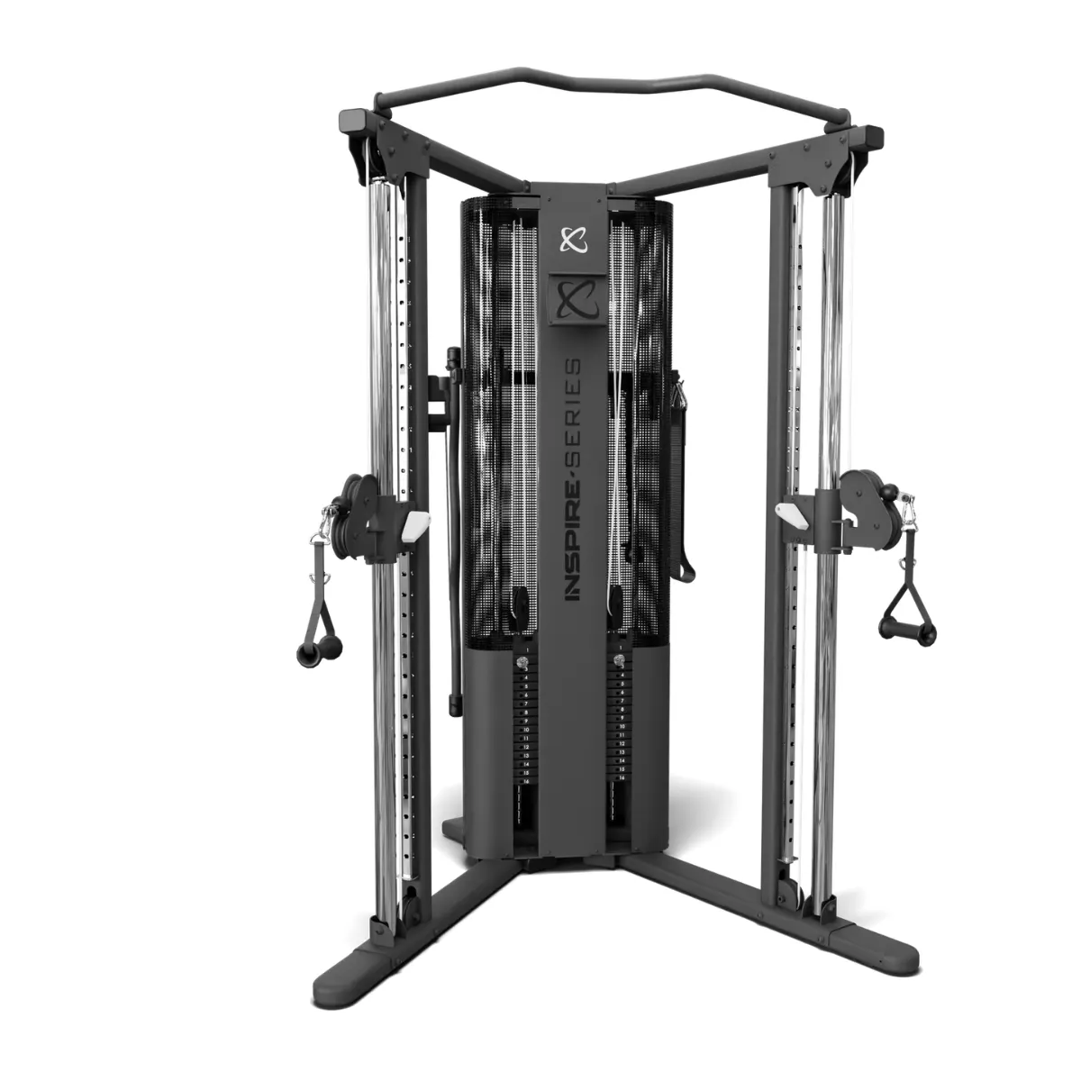 Ein schwarzes Fitnessgerät mit Kabelzug und Gewichten.