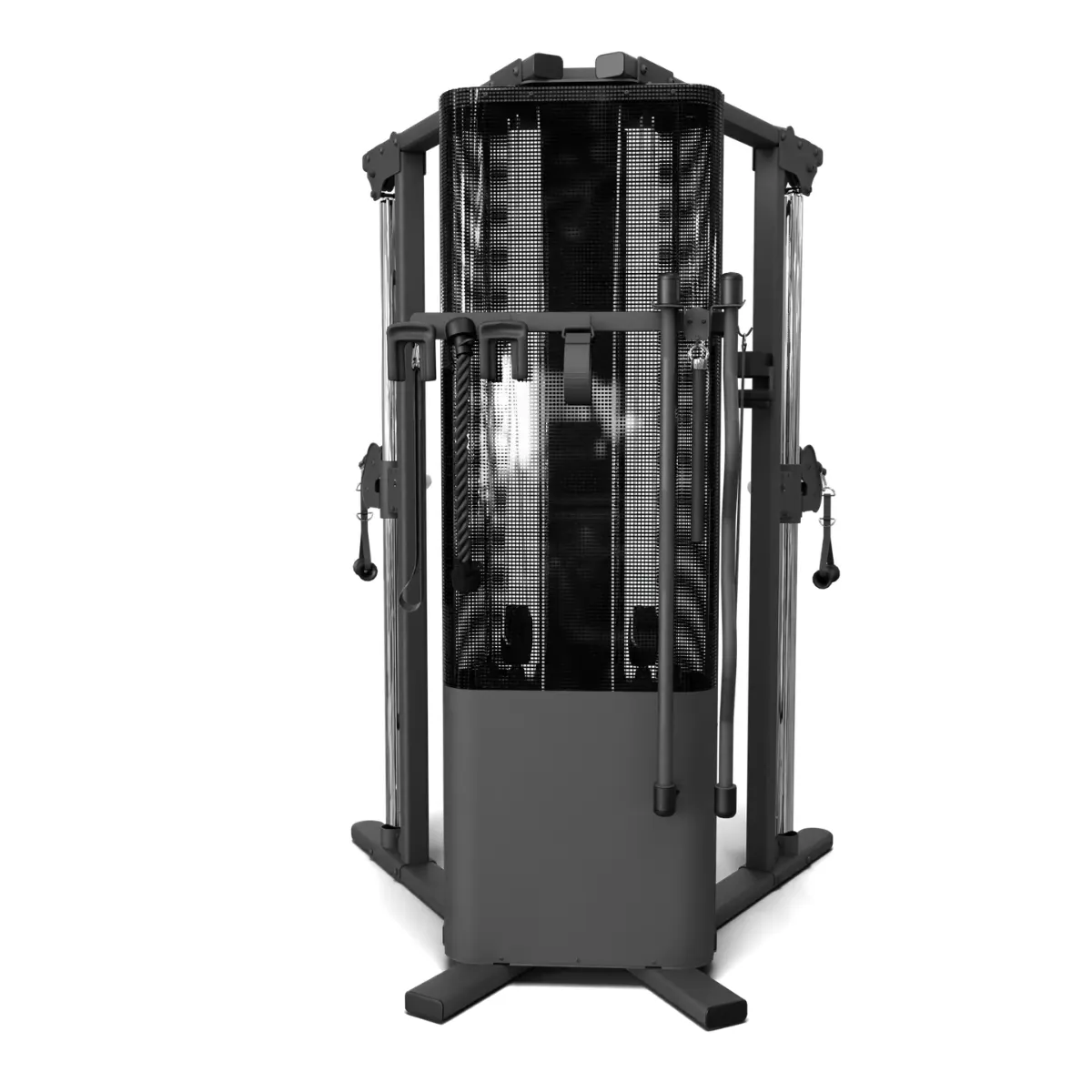 Ein dunkler, freistehender Kabelzugturm mit offenem Gitter und Gewichten.