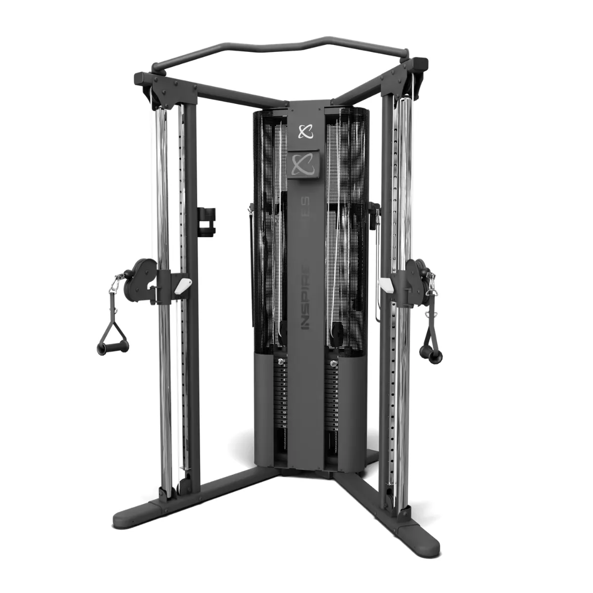 Ein graues Fitnessgerät mit Kabelzug und Gewichten.