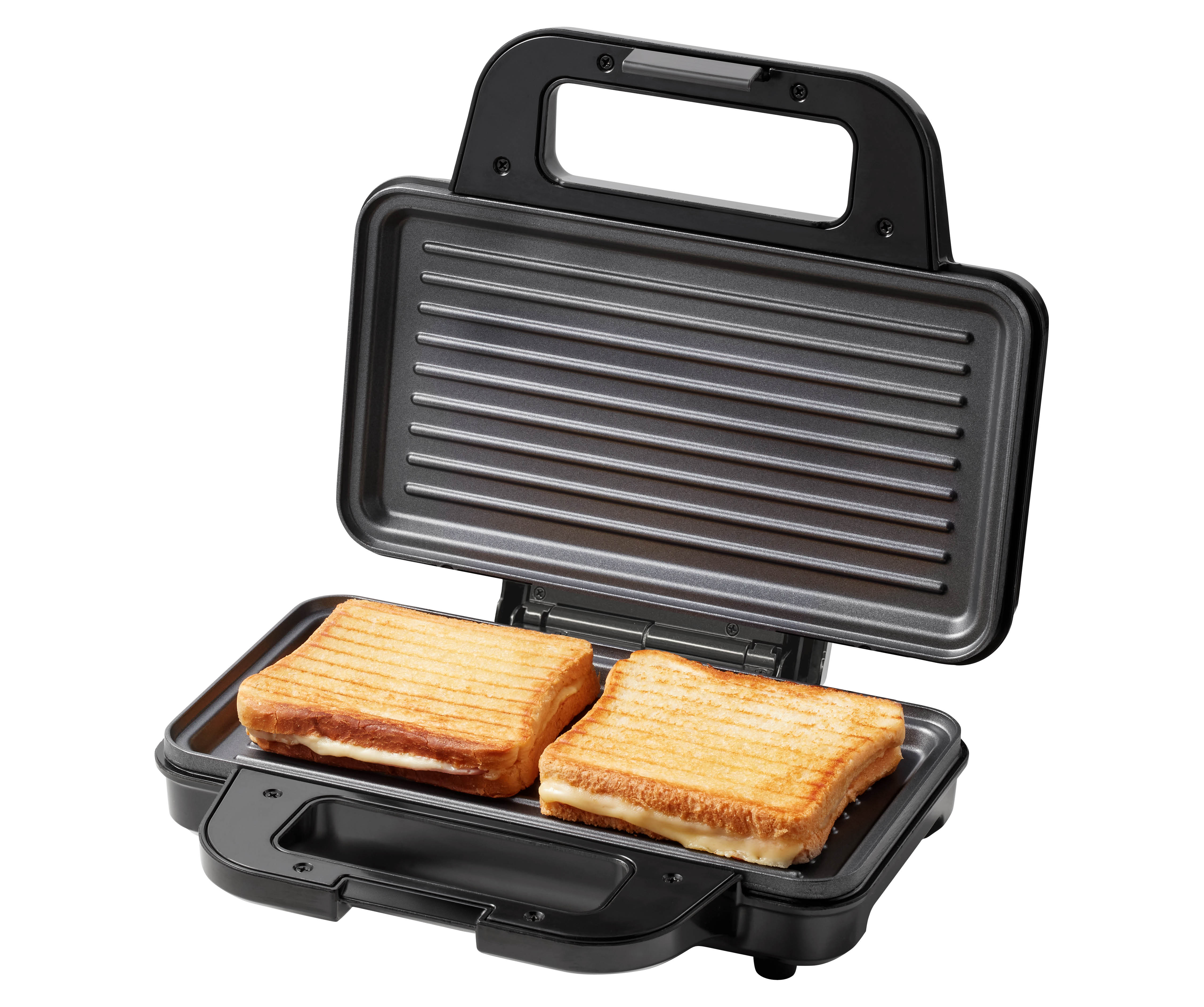 Een open tosti-ijzer met twee gegrilde tosti's met gesmolten kaas.