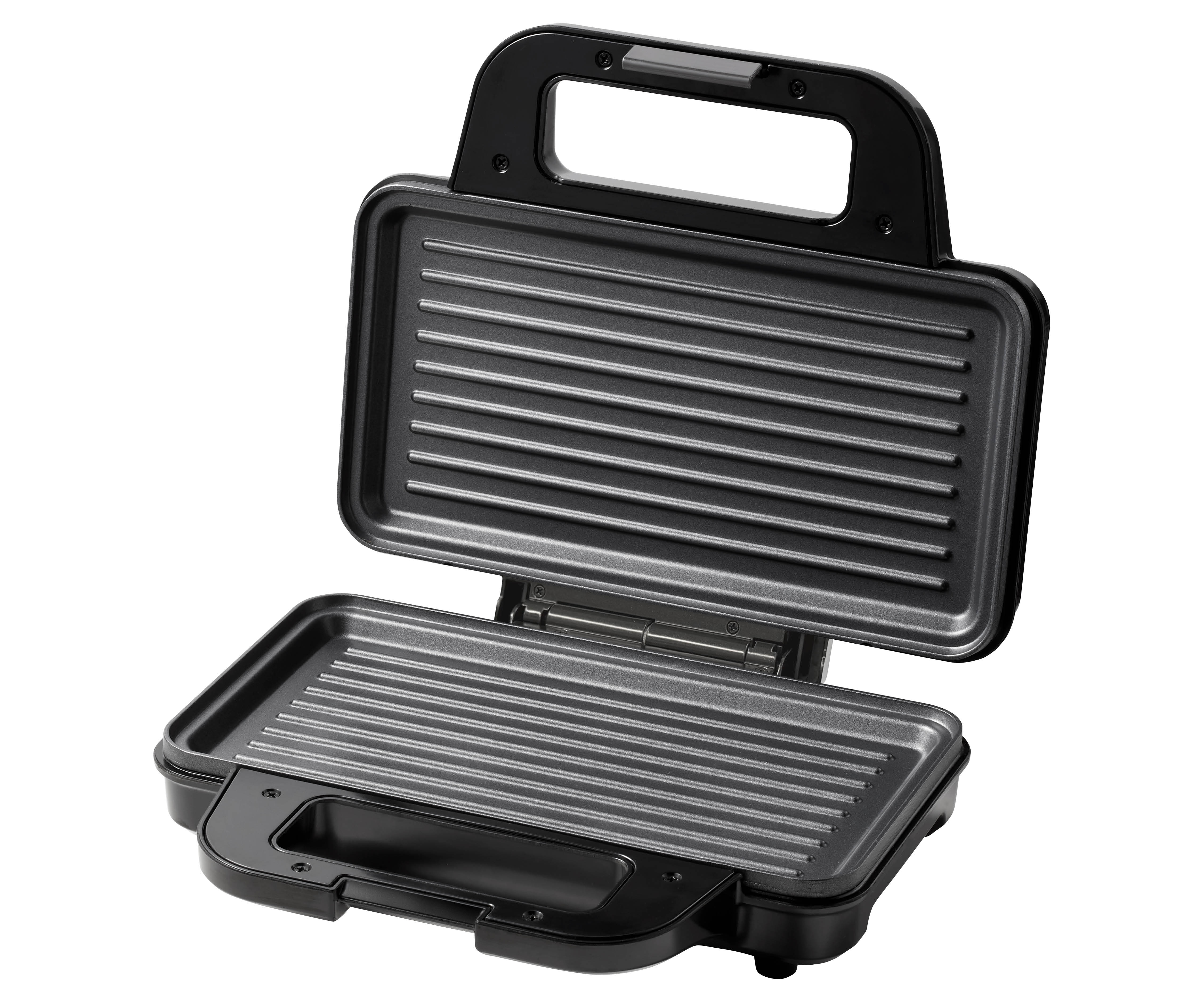 Een open zwarte contactgrill met geribbelde verwarmingsplaten en handgrepen.