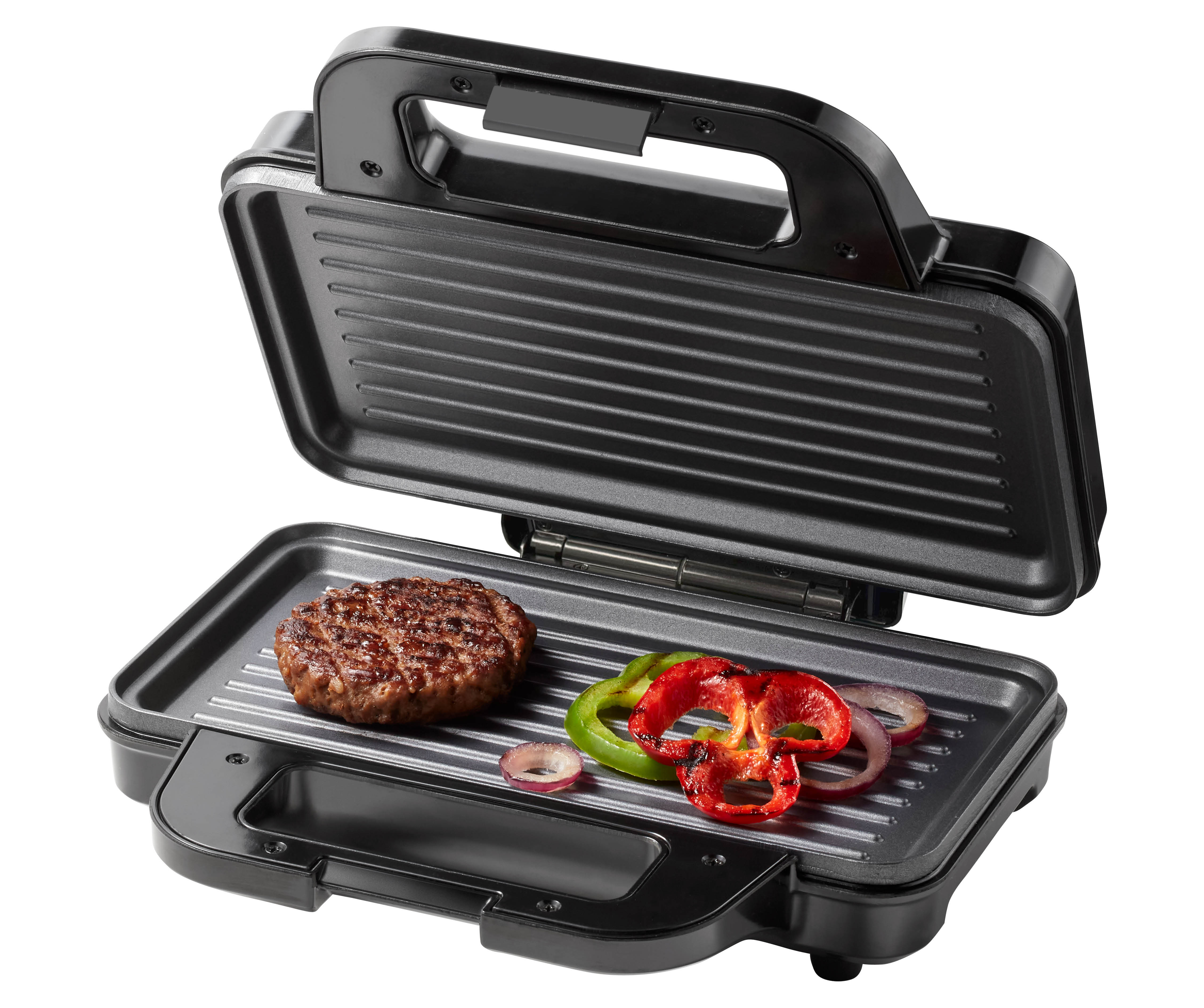 Open contactgrill met hamburger, paprika en uienringen.