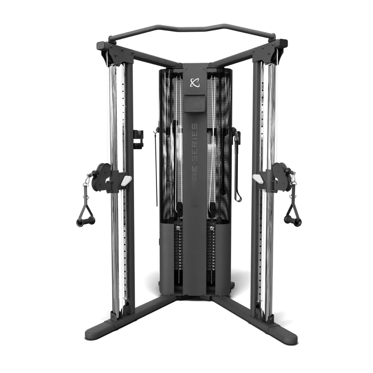 Ein graues Fitnessgerät mit Gewichten und Seilen, das für das Training konzipiert ist.