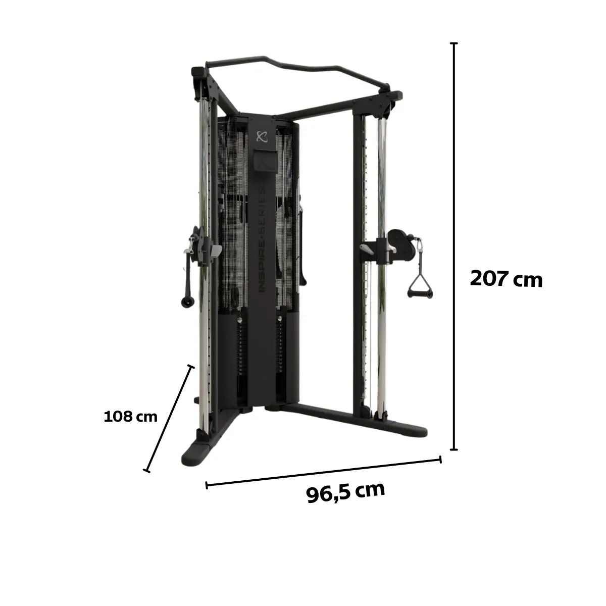 Ein schwarzes Fitnessgerät mit Gewichten und Griffen. Maße: 108cm, 96,5cm, 207cm.