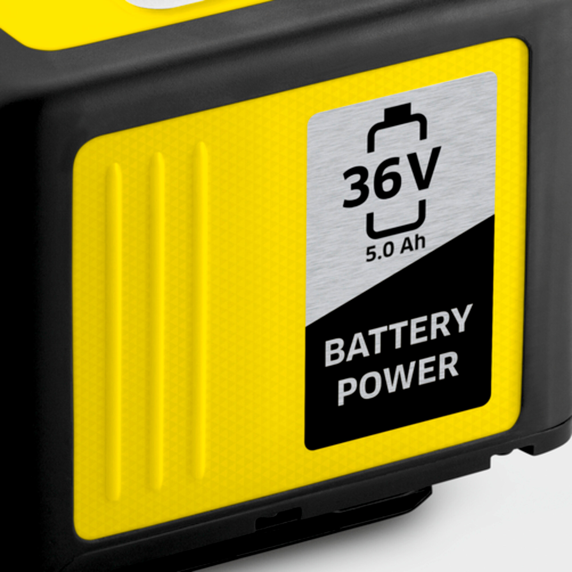 Batteria nera con lato giallo. Testo: 36V 5.0 Ah BATTERY POWER.