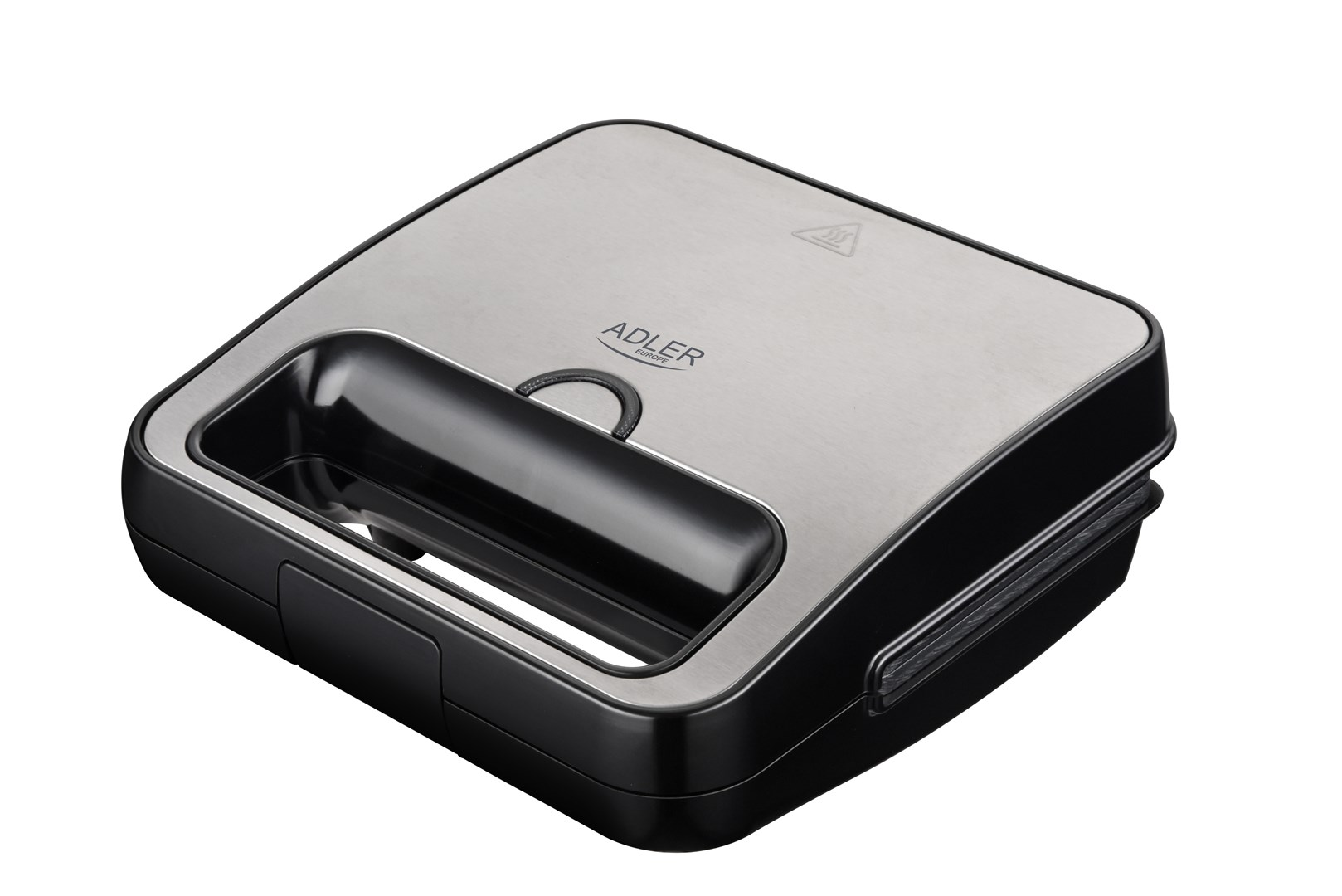 Un sandwich maker argentato con manico e base neri.