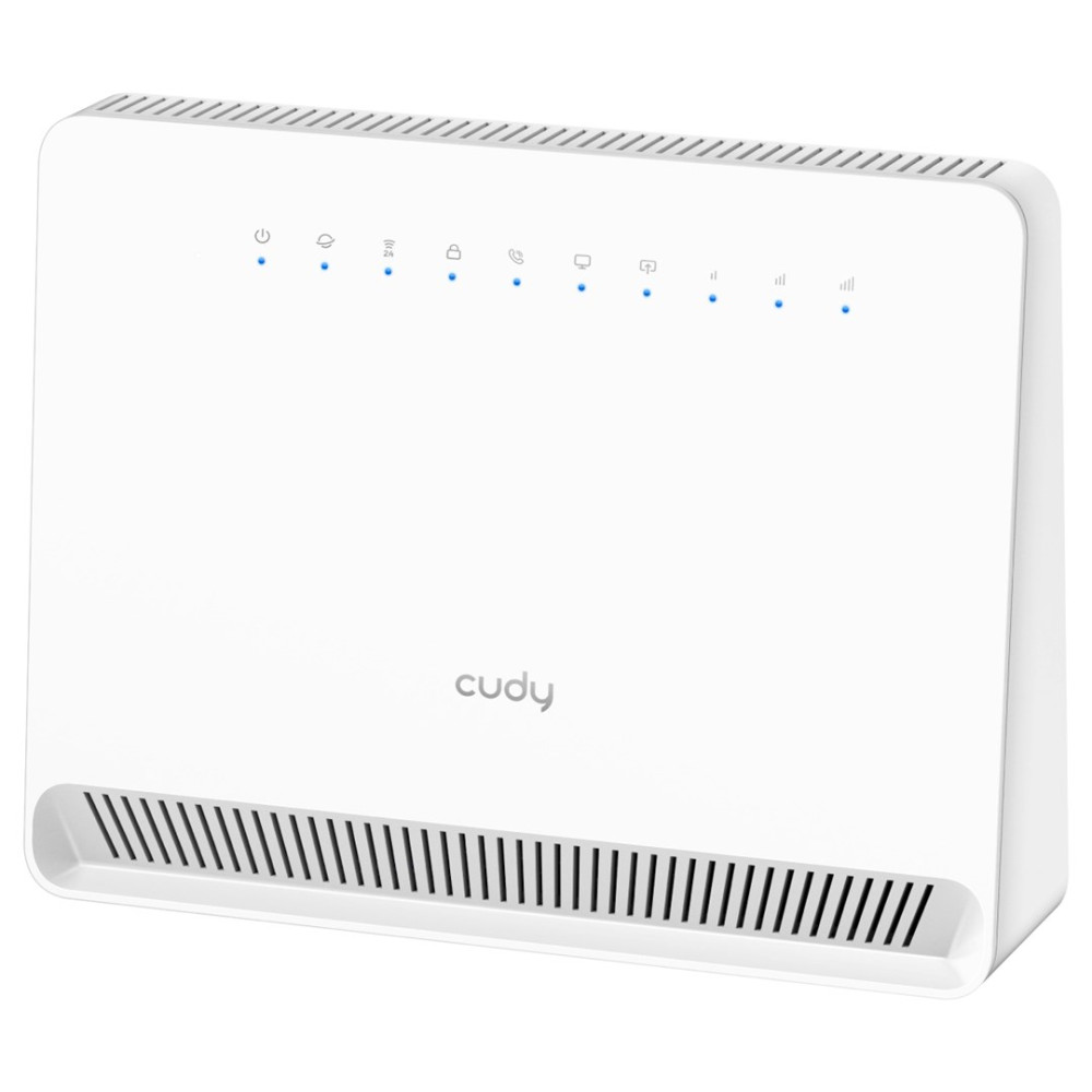 Biały router z logo "cudy" i niebieskimi wskaźnikami LED.