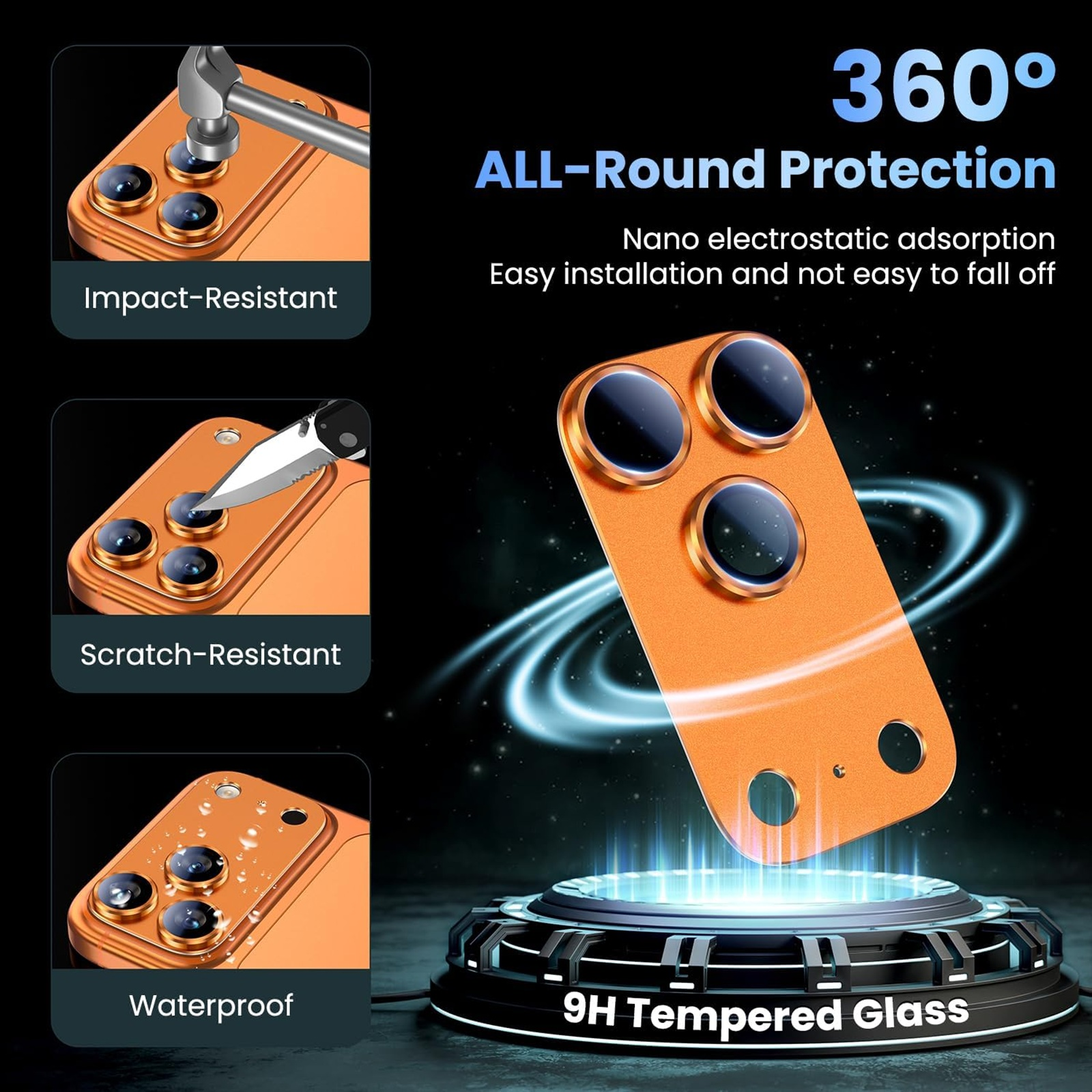 Orange Handy-Rückseite mit Kameralinsen, 360° Schutz.