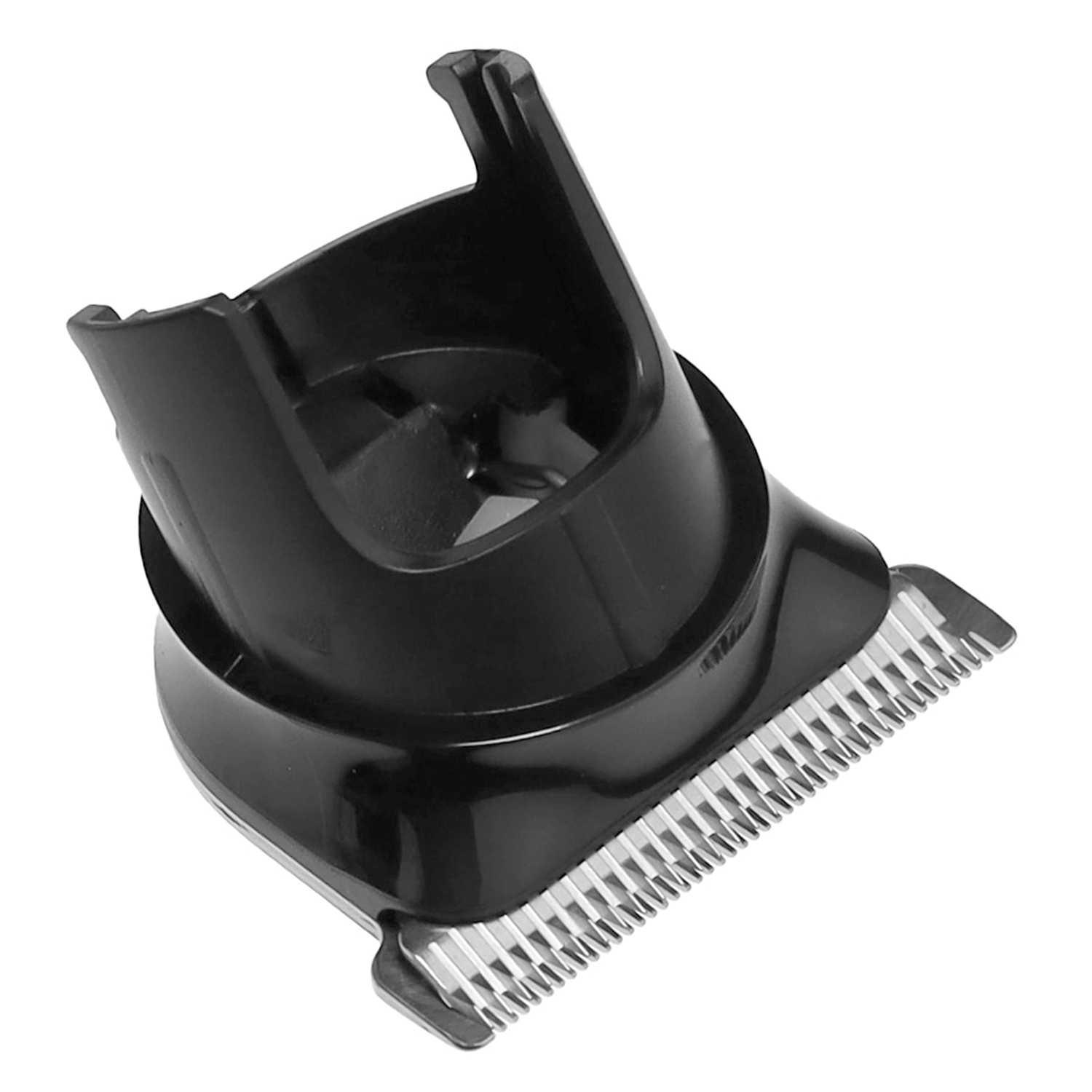 Ein schwarzer Aufsatz für einen Haarschneider mit Metallklingen.