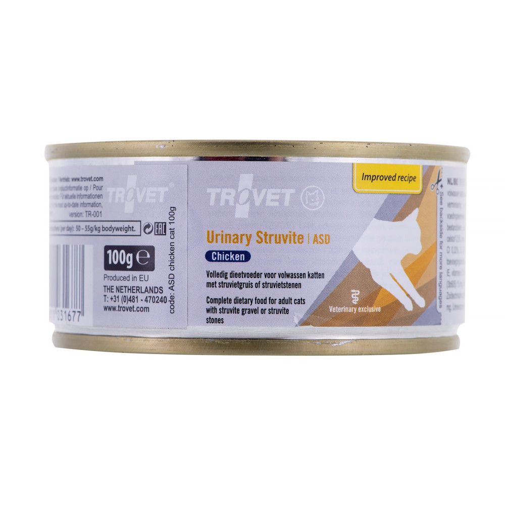 Una lata de comida Trovet Urinary Struvite ASD de pollo para gatos adultos.