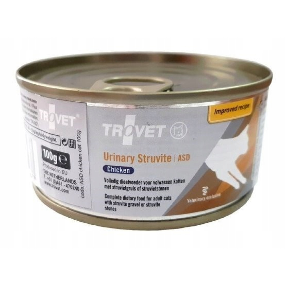 Una lata de 100g de Trovet Urinary Struvite ASD con Pollo, para gatos.