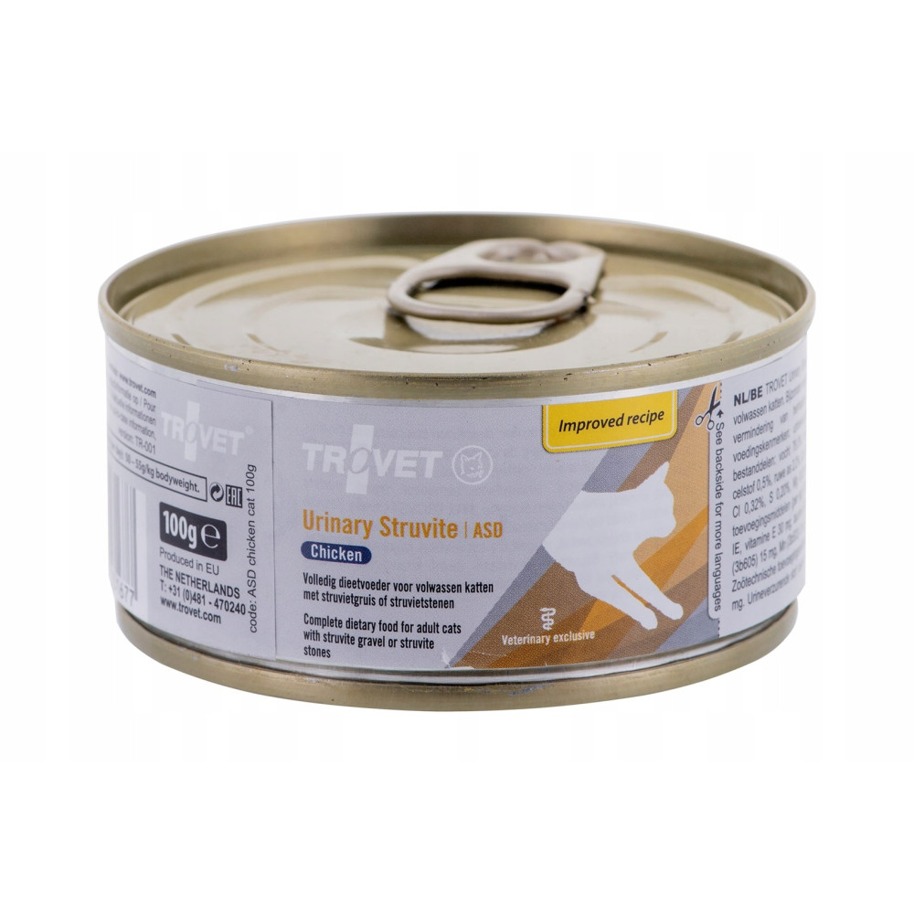Una lata de 100g de comida para gatos Trovet Urinary Struvite ASD de pollo.