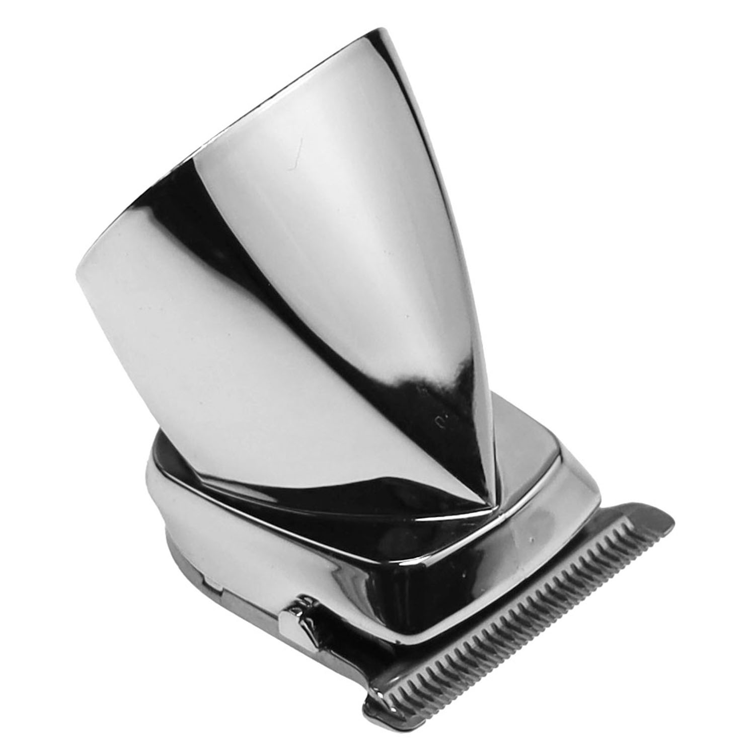 Ein glänzender silberner Aufsatz für eine Haarschneidemaschine mit Klingen.
