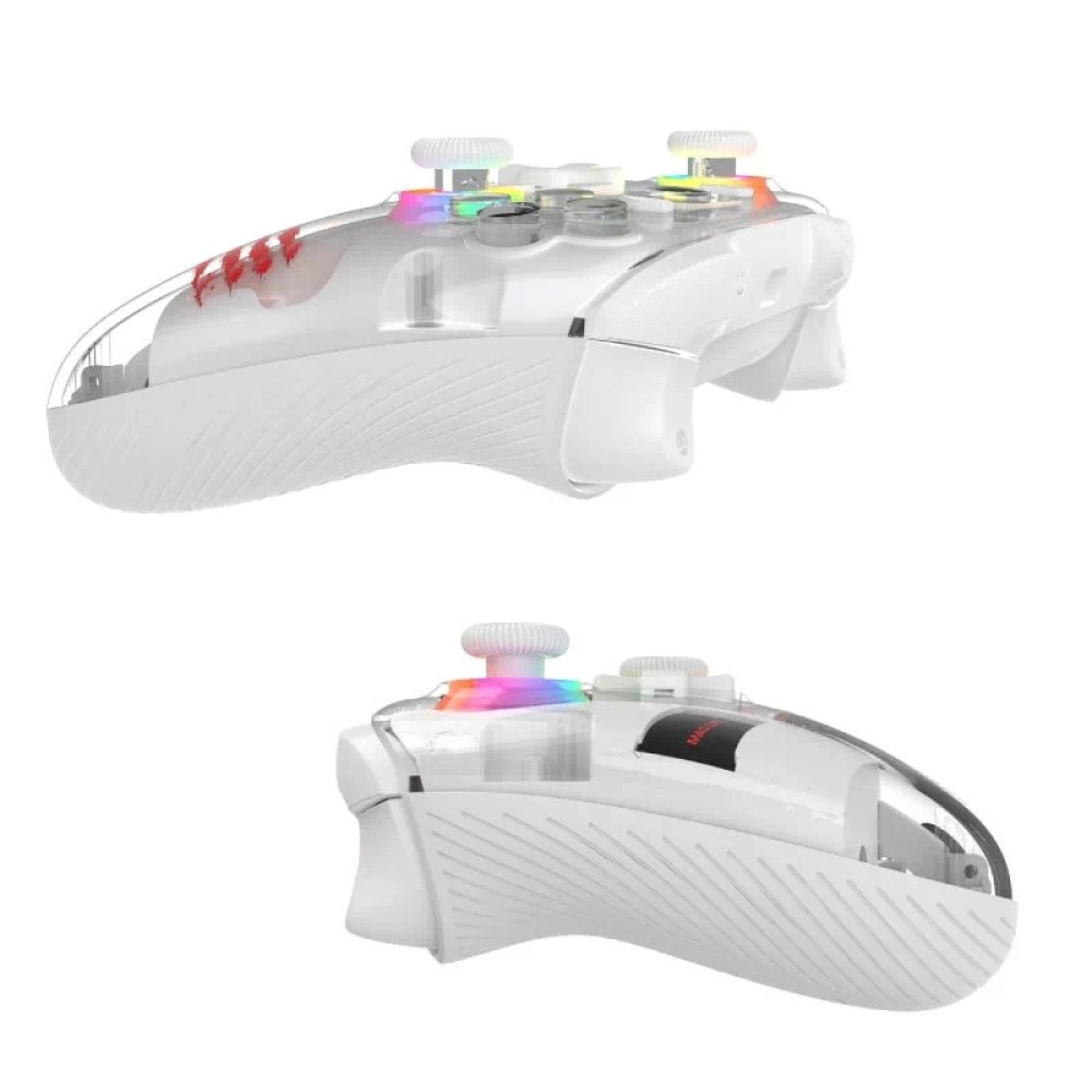 Przezroczysty biały kontroler z oświetleniem RGB i radełkowanymi uchwytami.