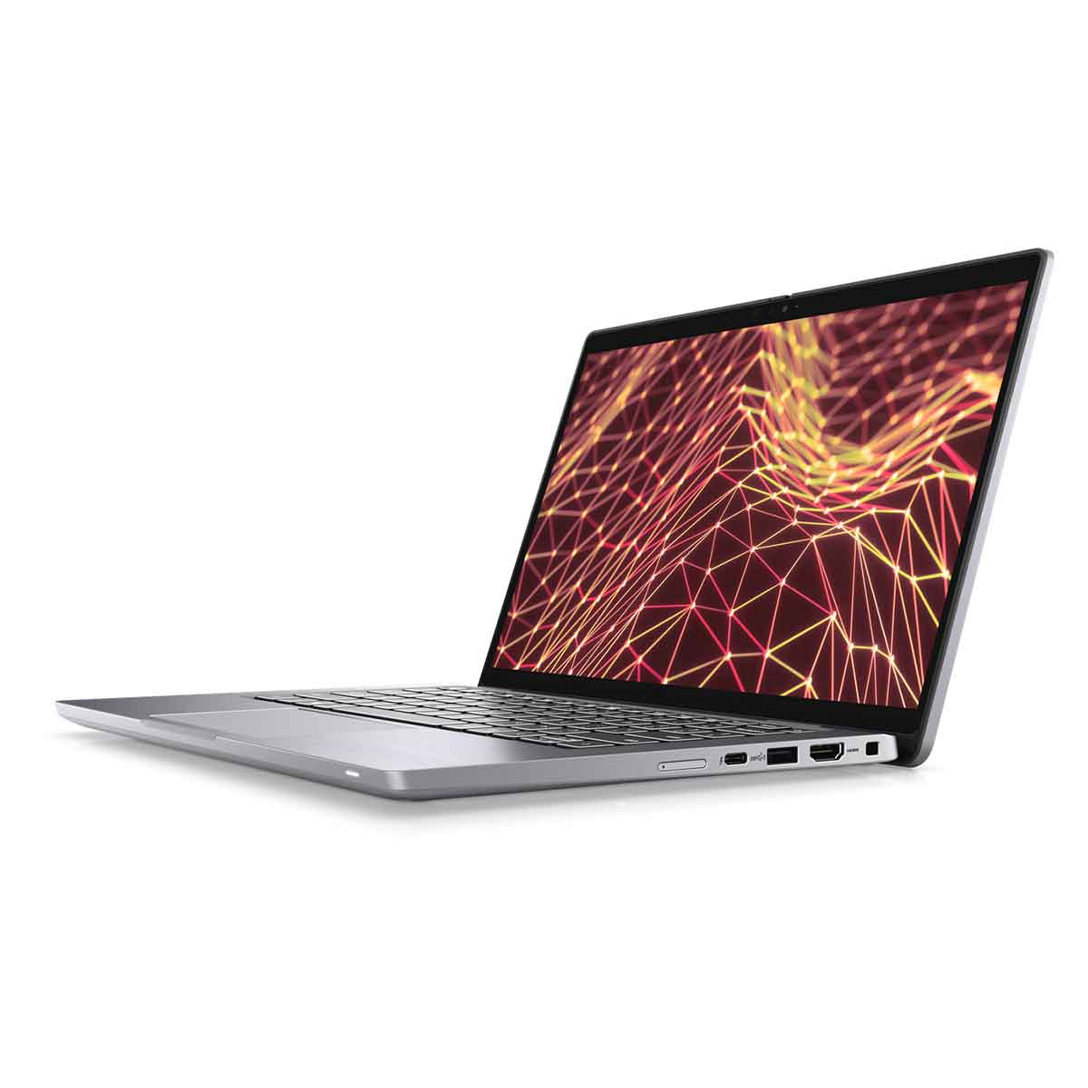 Srebrny laptop z abstrakcyjnym wzorem sieci na ekranie.