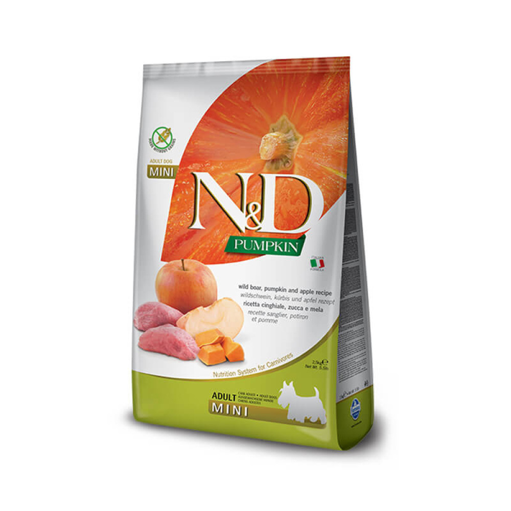 Torba karmy dla psów z dynią, jabłkiem i dzikiem. Dla dorosłych psów mini.