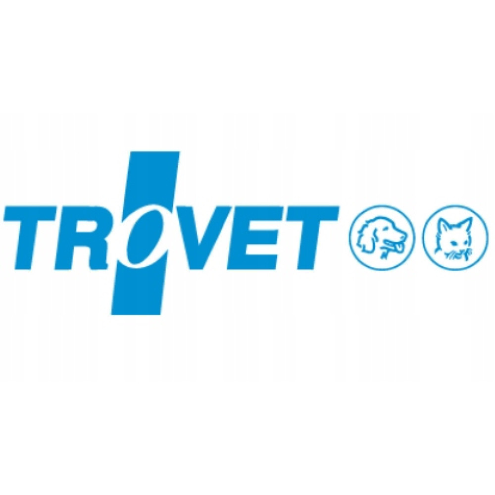 Niebieskie logo z napisem TROVET i ikonami psa i kota.