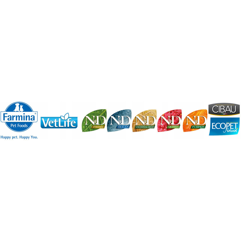 Logotypy Farmina, VetLife i produktów ND (Prime, Ocean, Ancestral Grain, Quinoa, Pumpkin) oraz Cibau Ecopet.