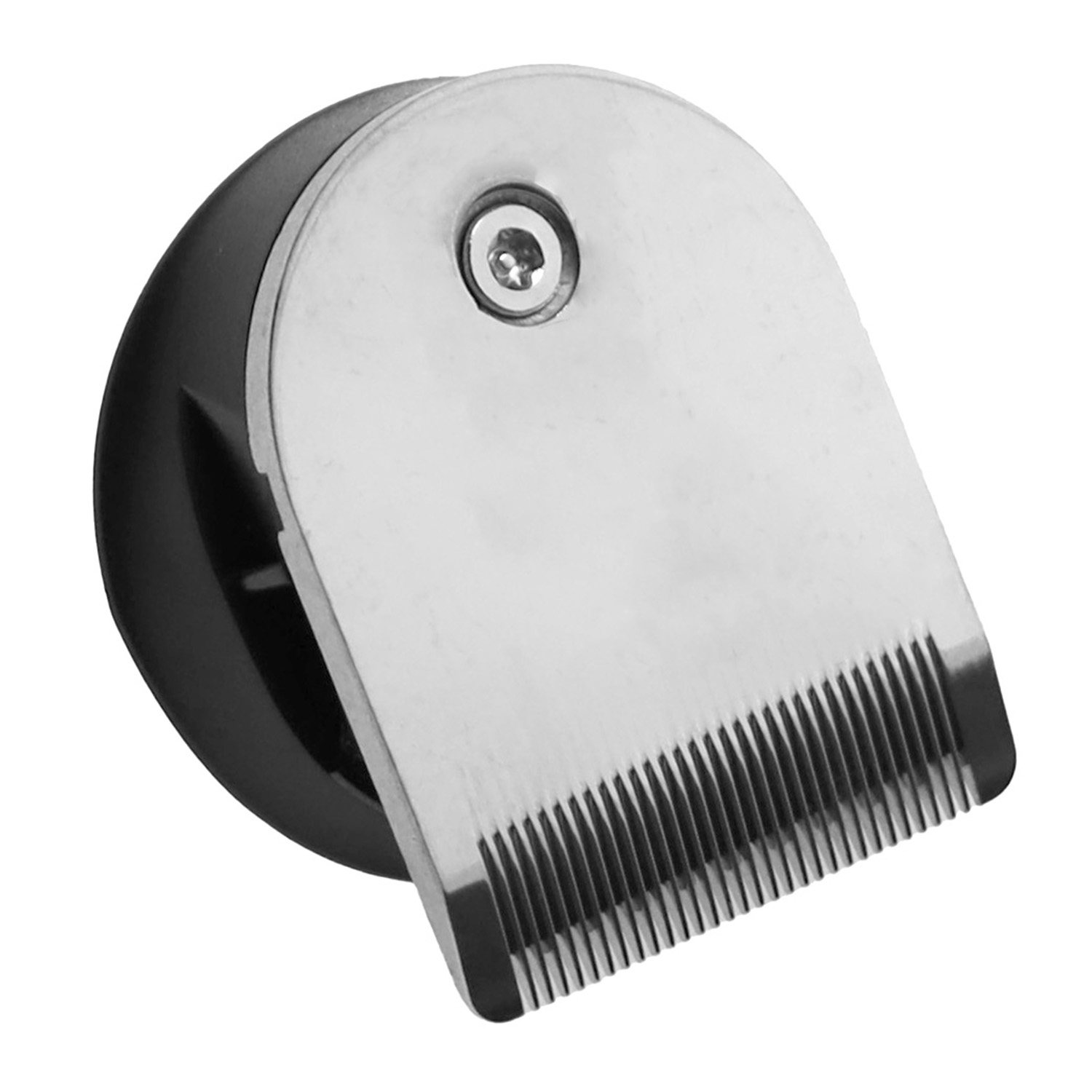 Ein silberner Haarschneiderkopf mit schwarzen Details und Schraube.