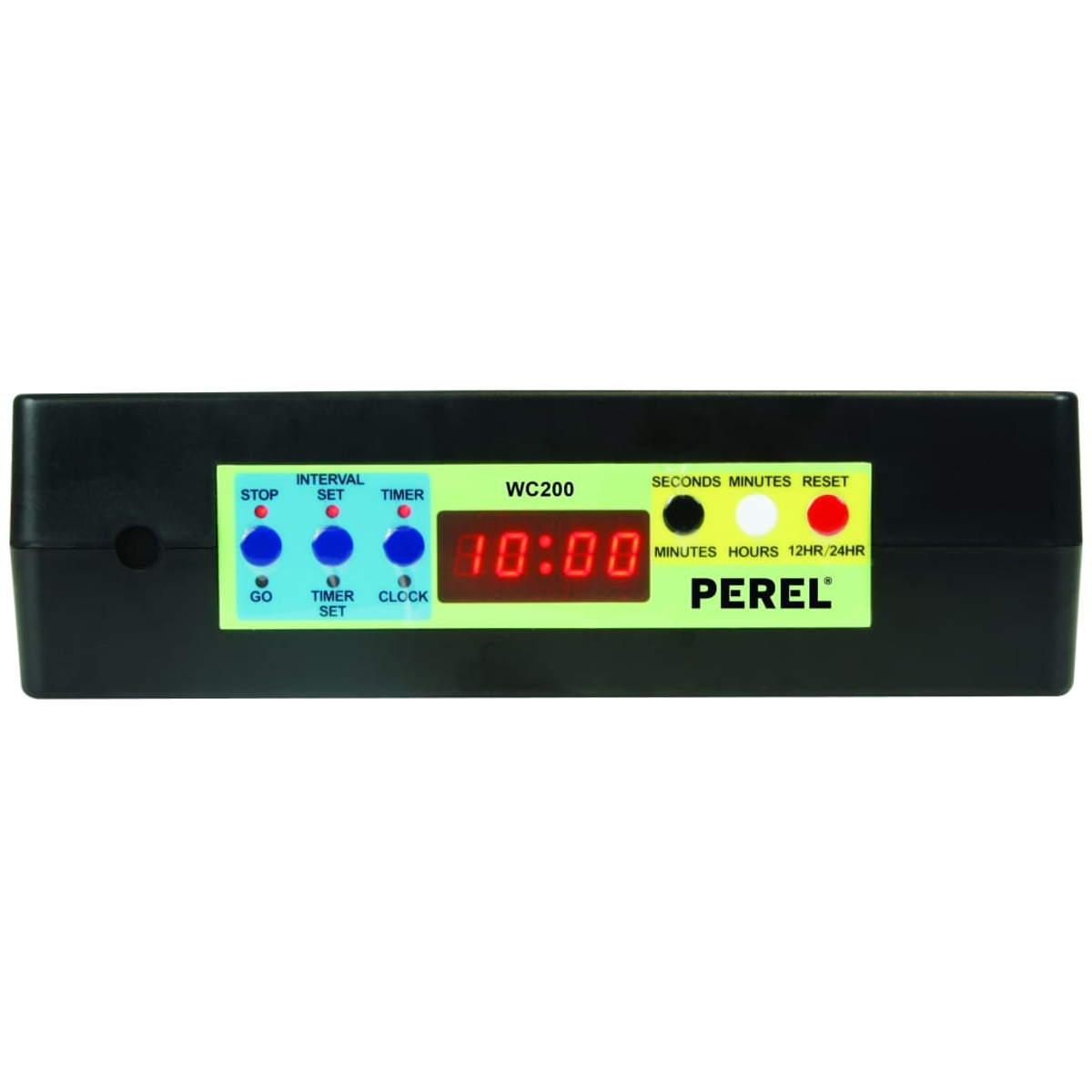 Schwarzer Perel WC200 Timer mit rotem Digitaldisplay zeigt 10:00.