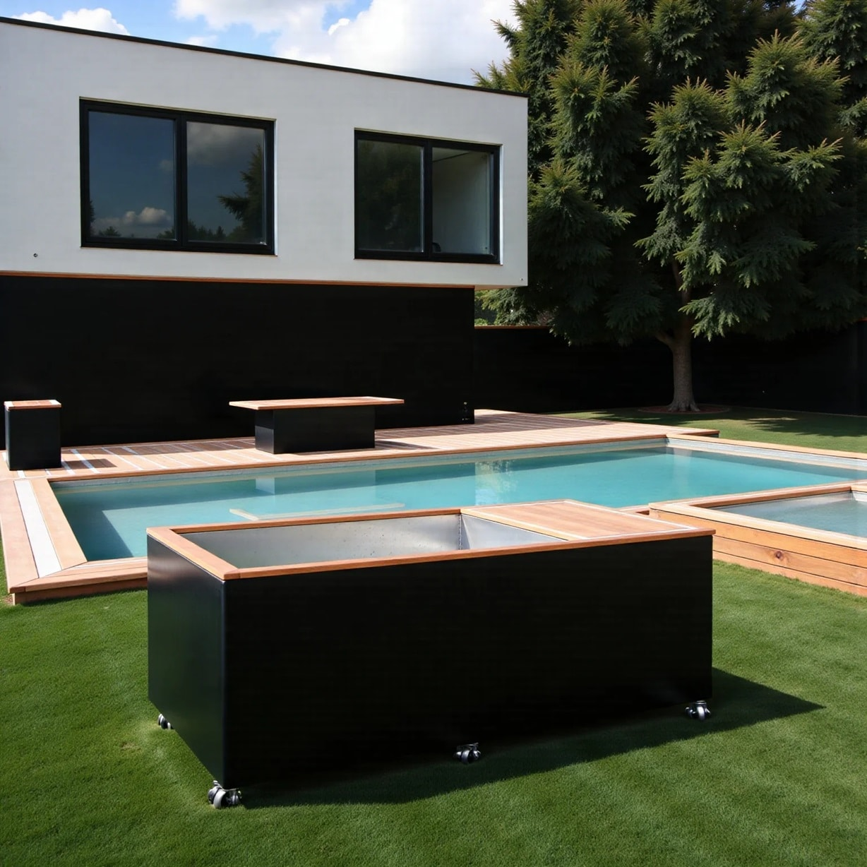 Casa moderna con piscina. Maceteros negros con ruedas en primer plano, terraza, piscina.