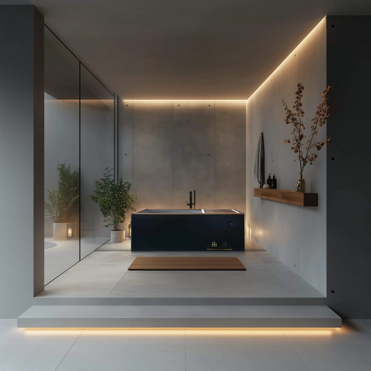Un baño moderno con bañera oscura, paredes de hormigón y luz sutil.