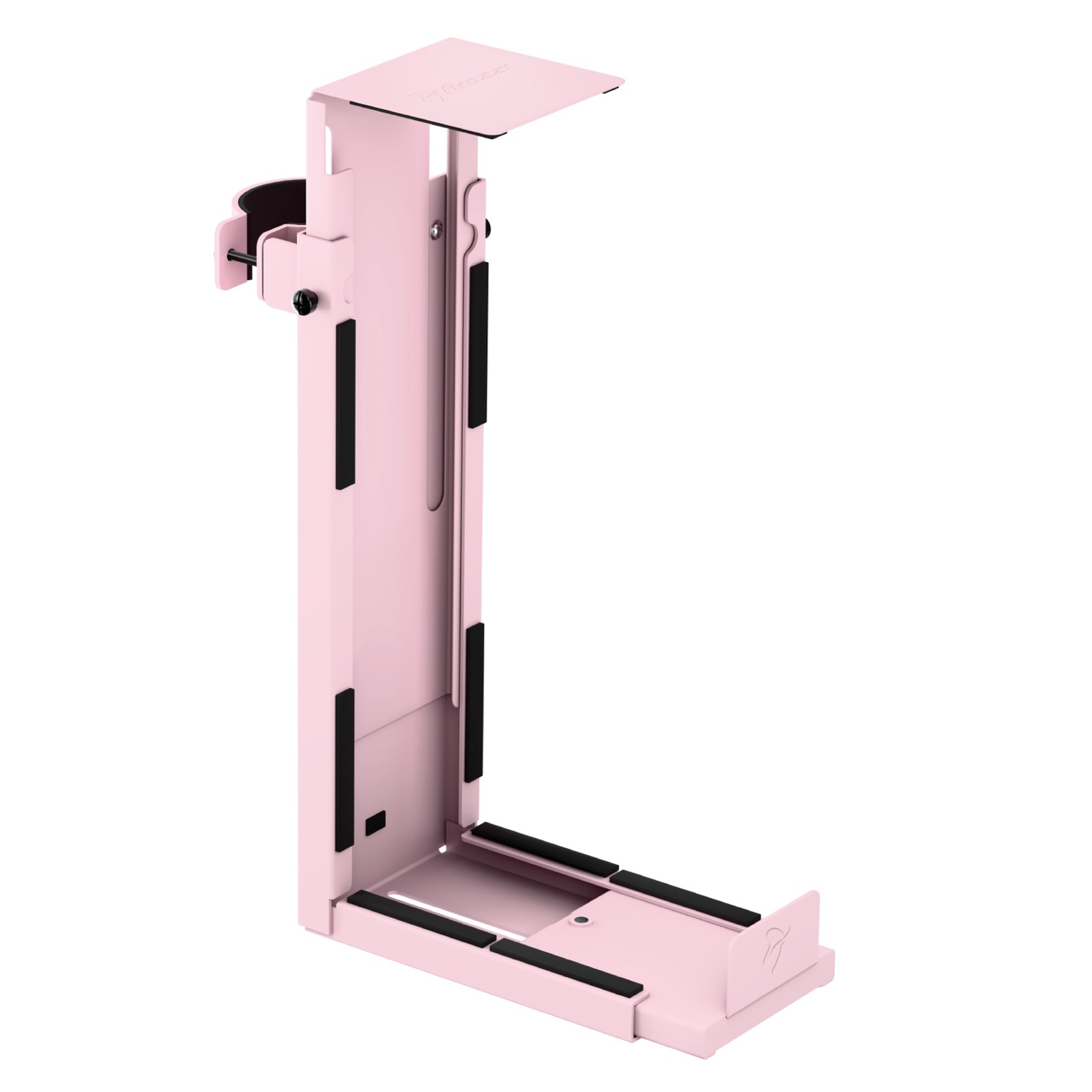 Een roze pc-torenbeugel met zwarte rubberen pads en klemmen.