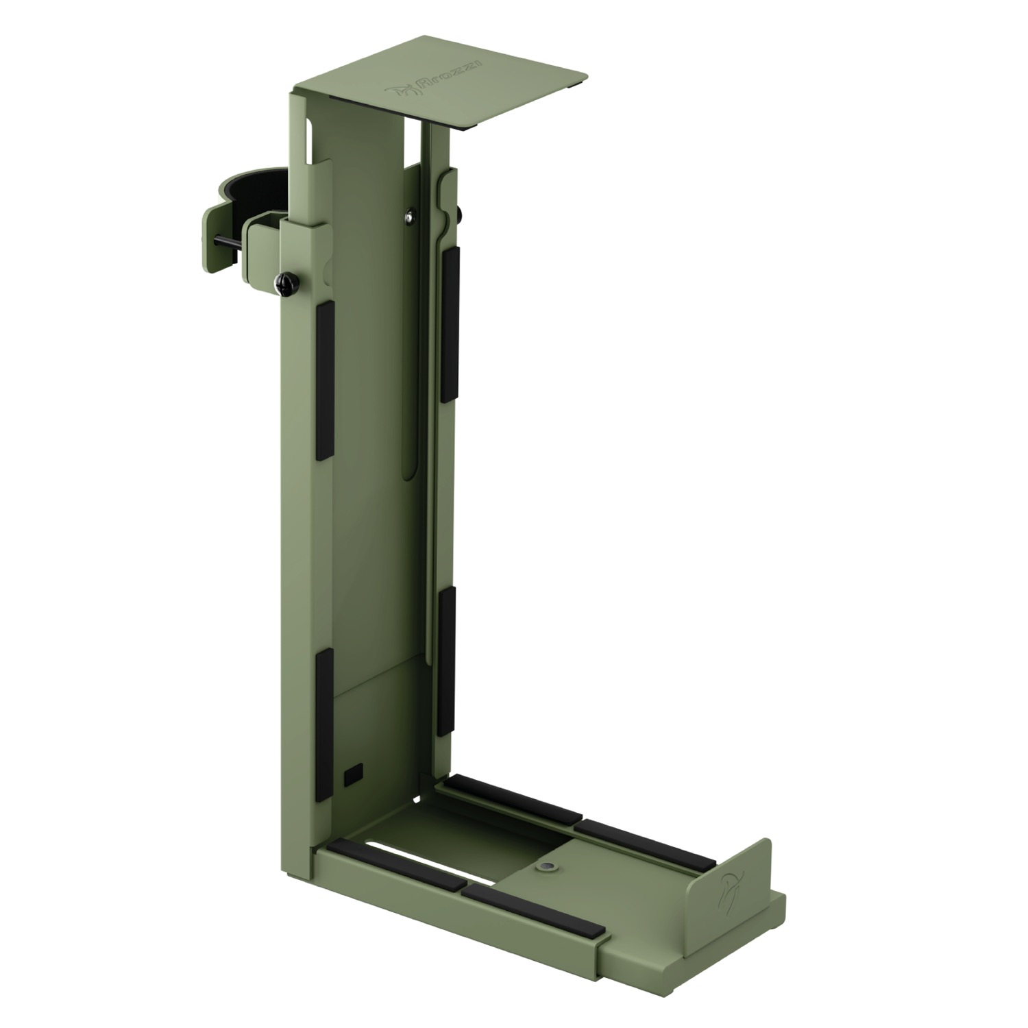 Een olijfgroene metalen standaard met zwart rubber voor een computer.