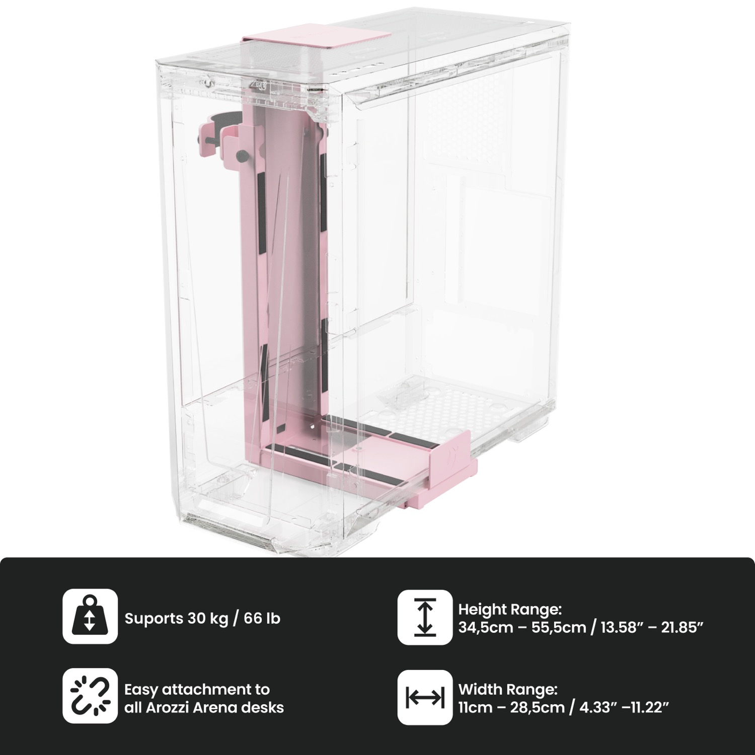 Een doorzichtige container met roze beugel, afmetingen vermeld.