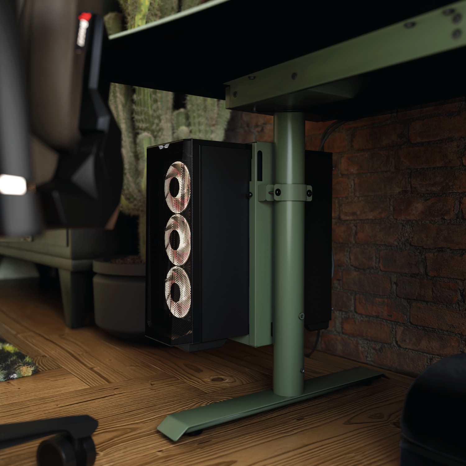 Een zwarte pc-kast met drie verlichte ventilatoren is onder een groen bureau gemonteerd.