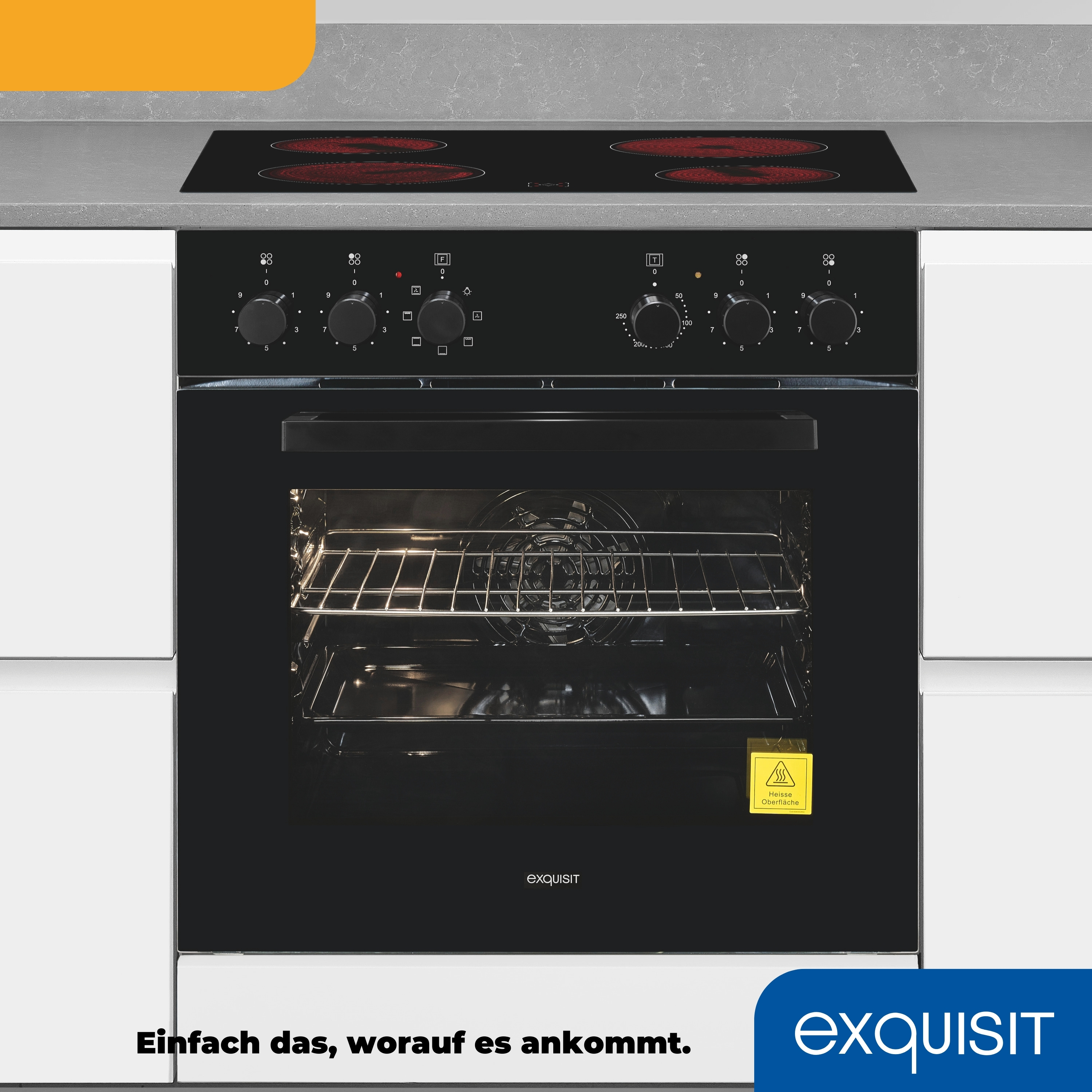 Ein schwarzer Einbaubackofen mit Kochfeld, Bedienelementen und Sichtfenster.