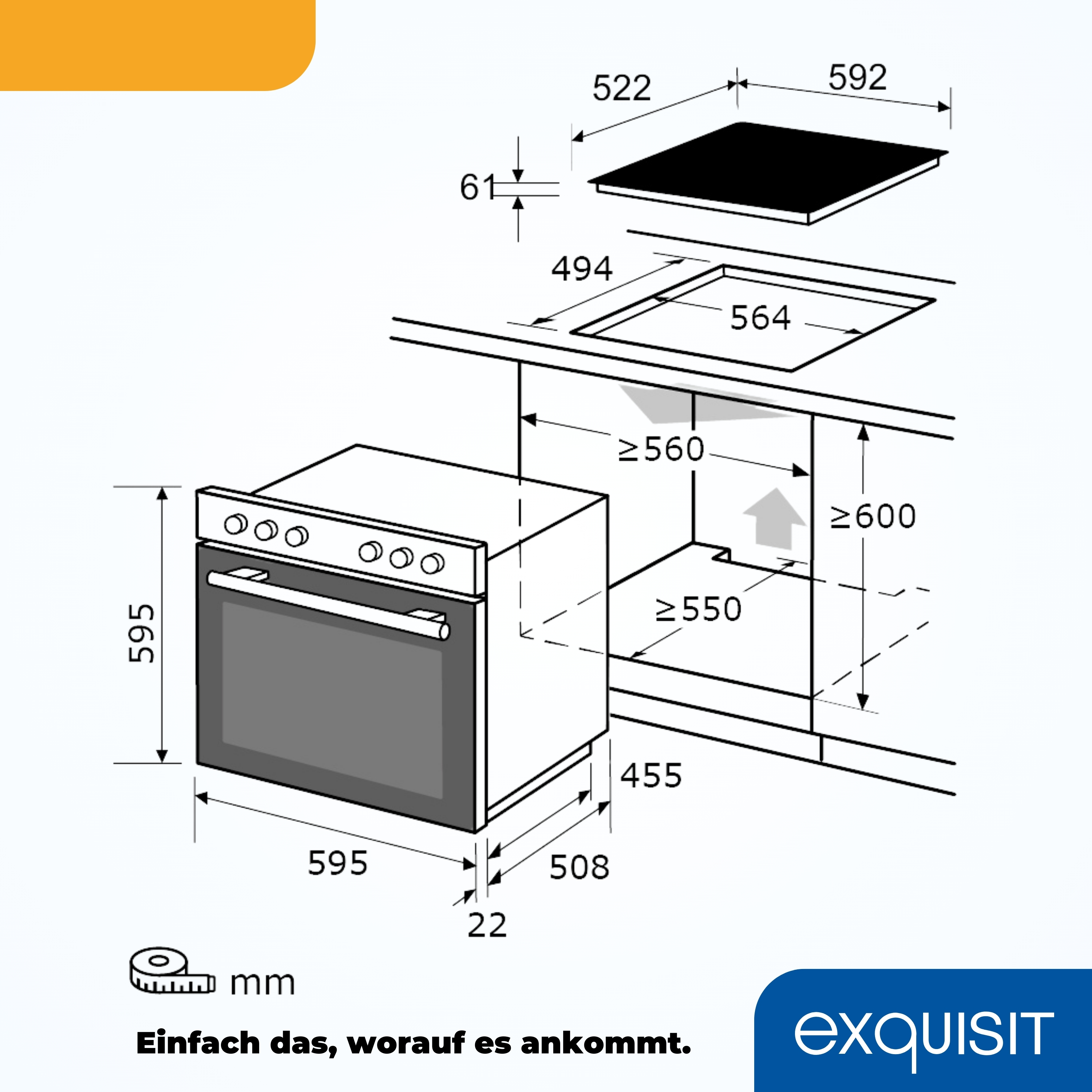Technische Zeichnung eines Einbauofens und Kochfelds mit Maßen.