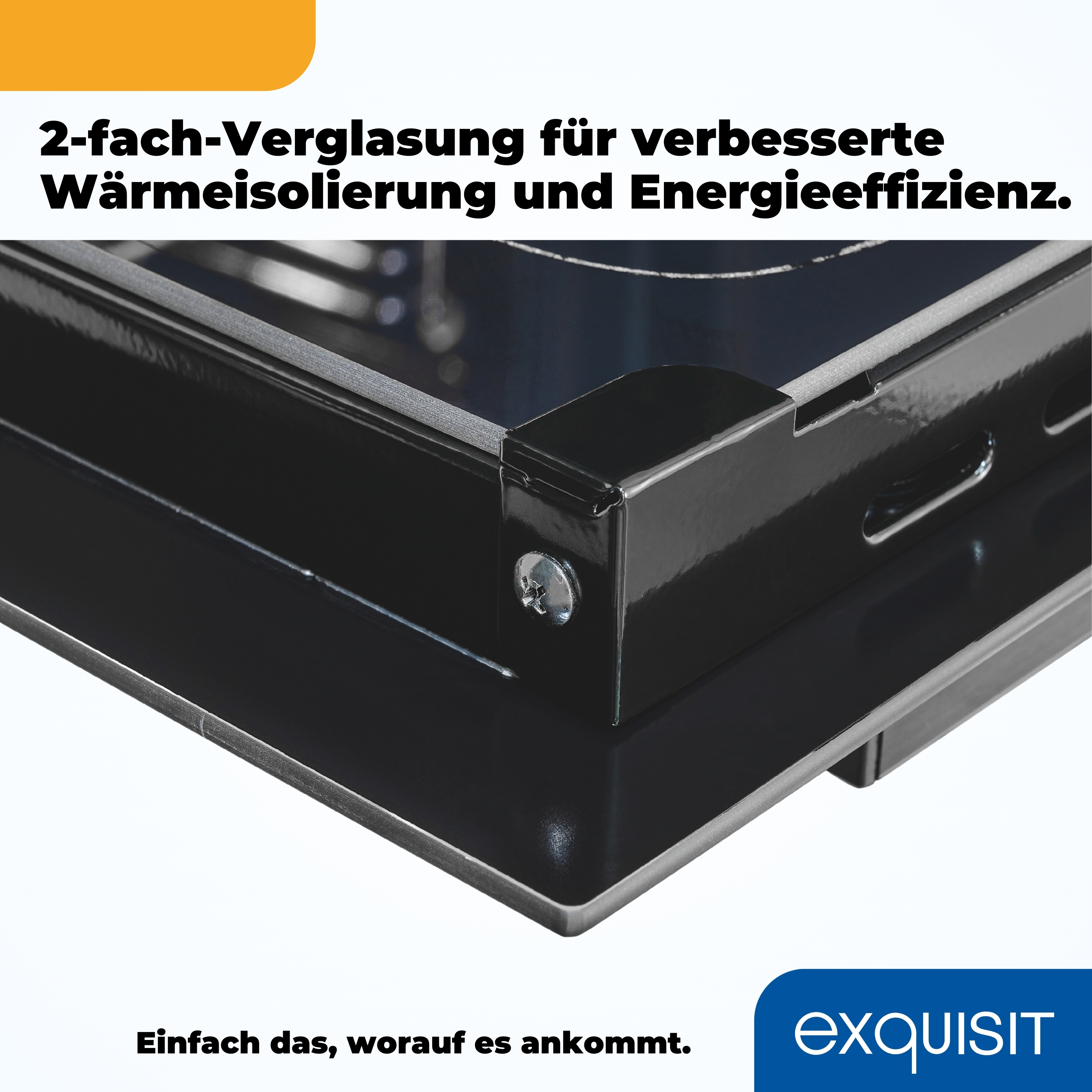 Nahaufnahme eines schwarzen Rahmens mit Schraube, 2-fach-Verglasung.