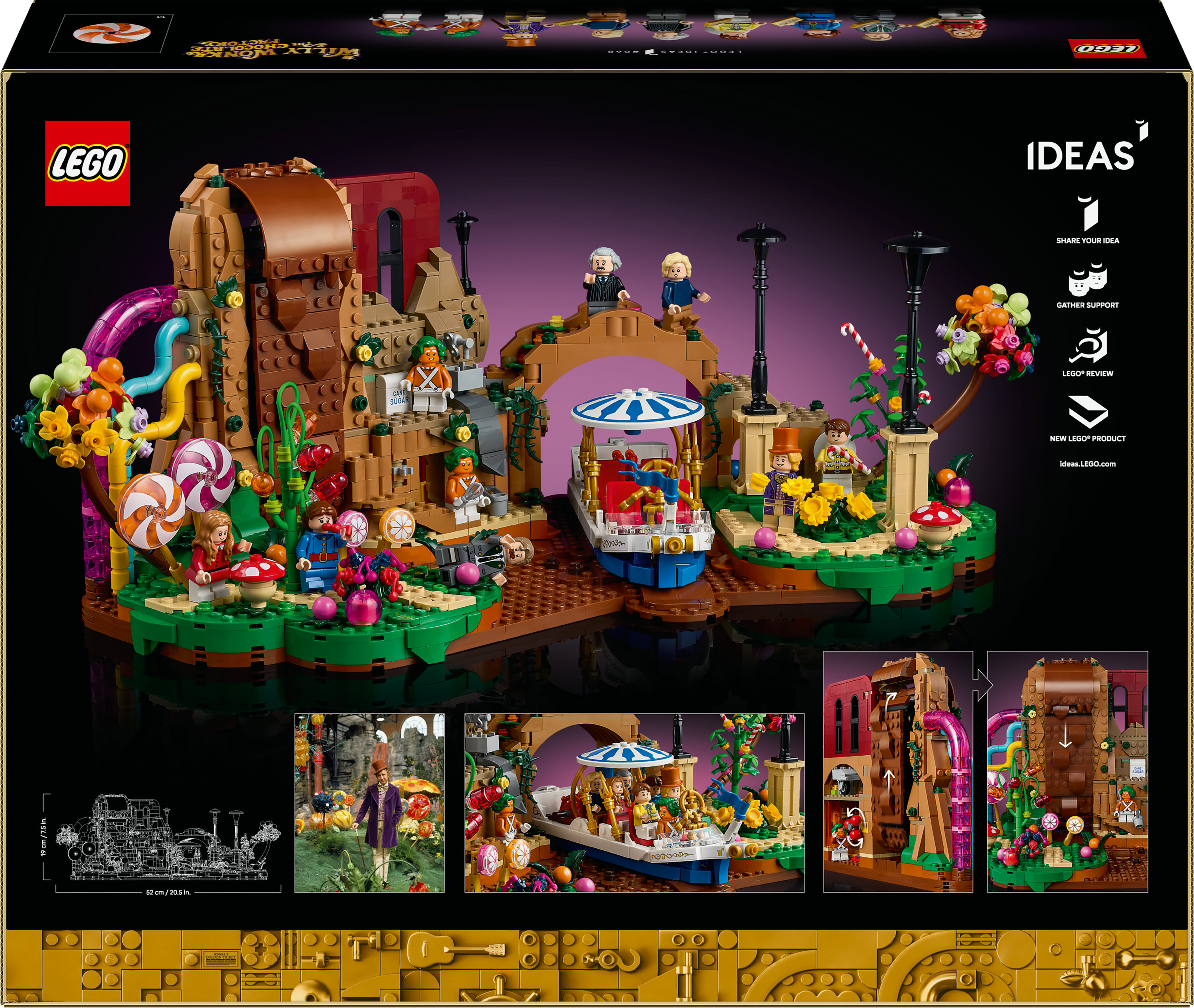 Lego replica van de chocoladefabriek met figuren, boot en snoepelementen.