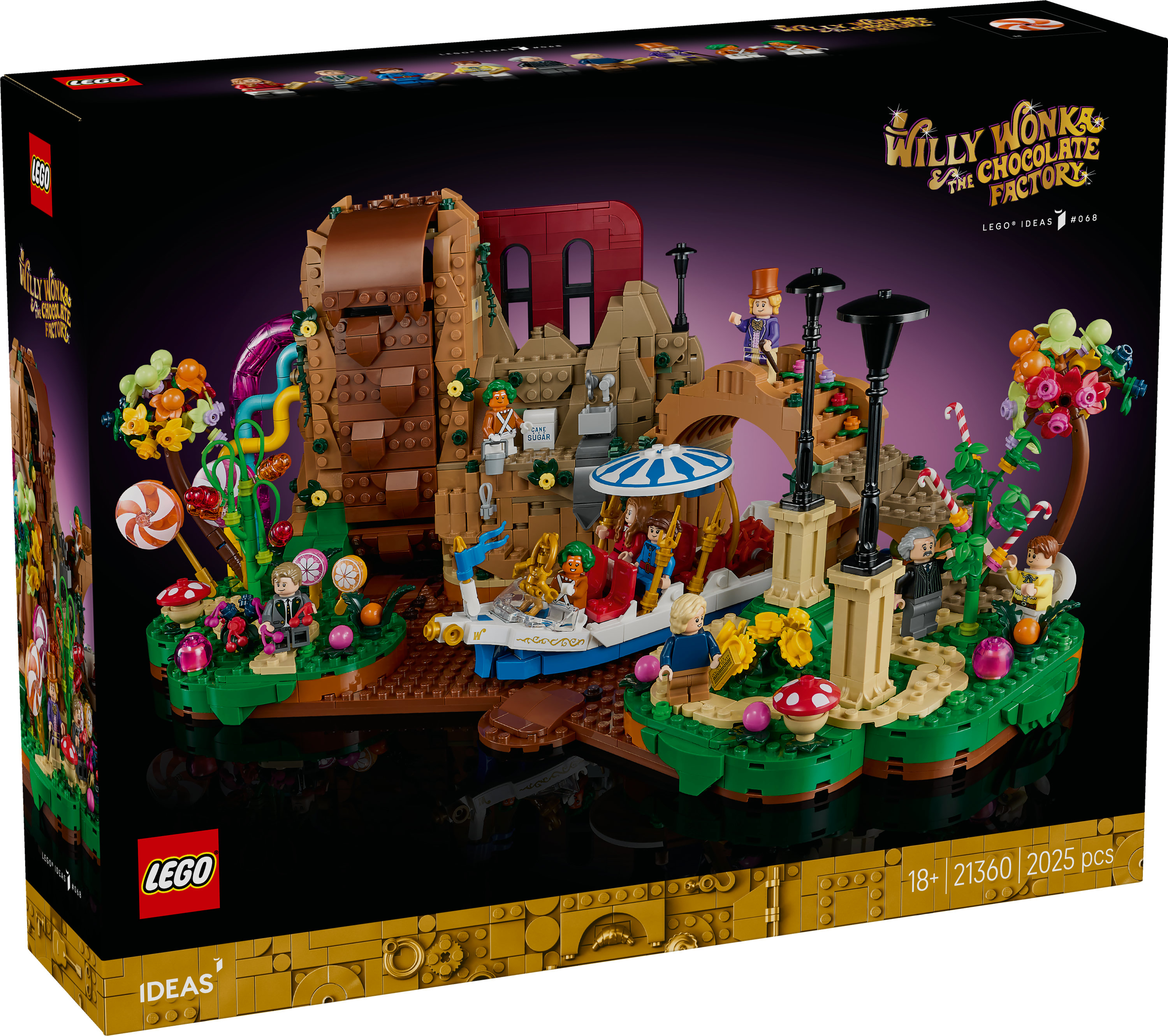 LEGO Willy Wonka Chocoladefabriek set met boot, figuren, snoep en een boom.
