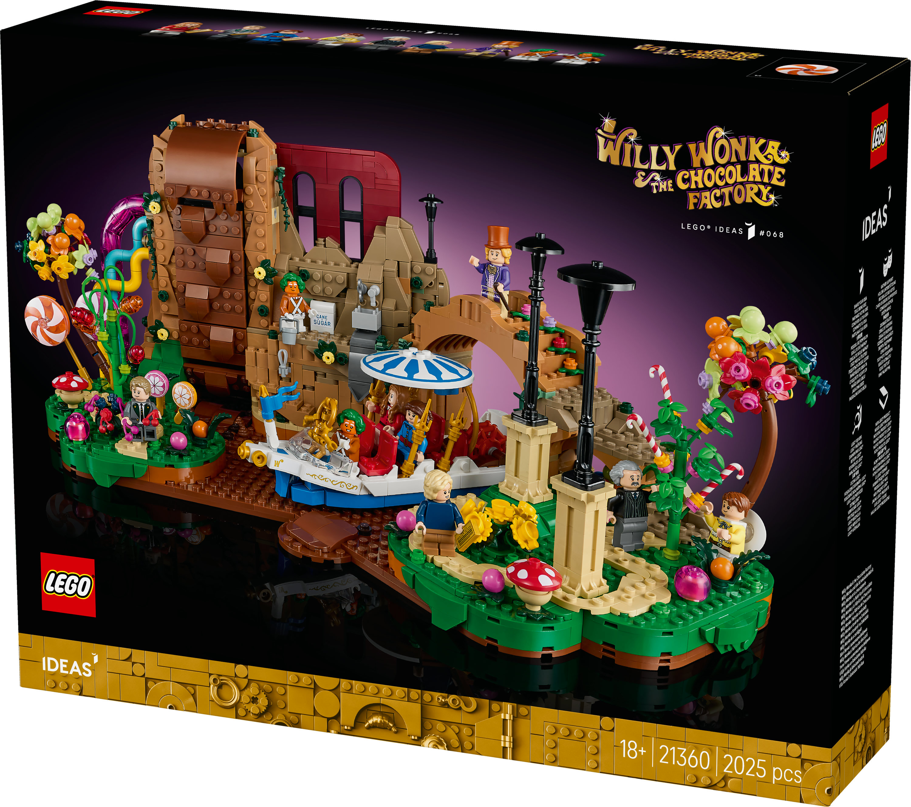 LEGO Willy Wonka Chocoladefabriek set met figuren en snoepgoed.