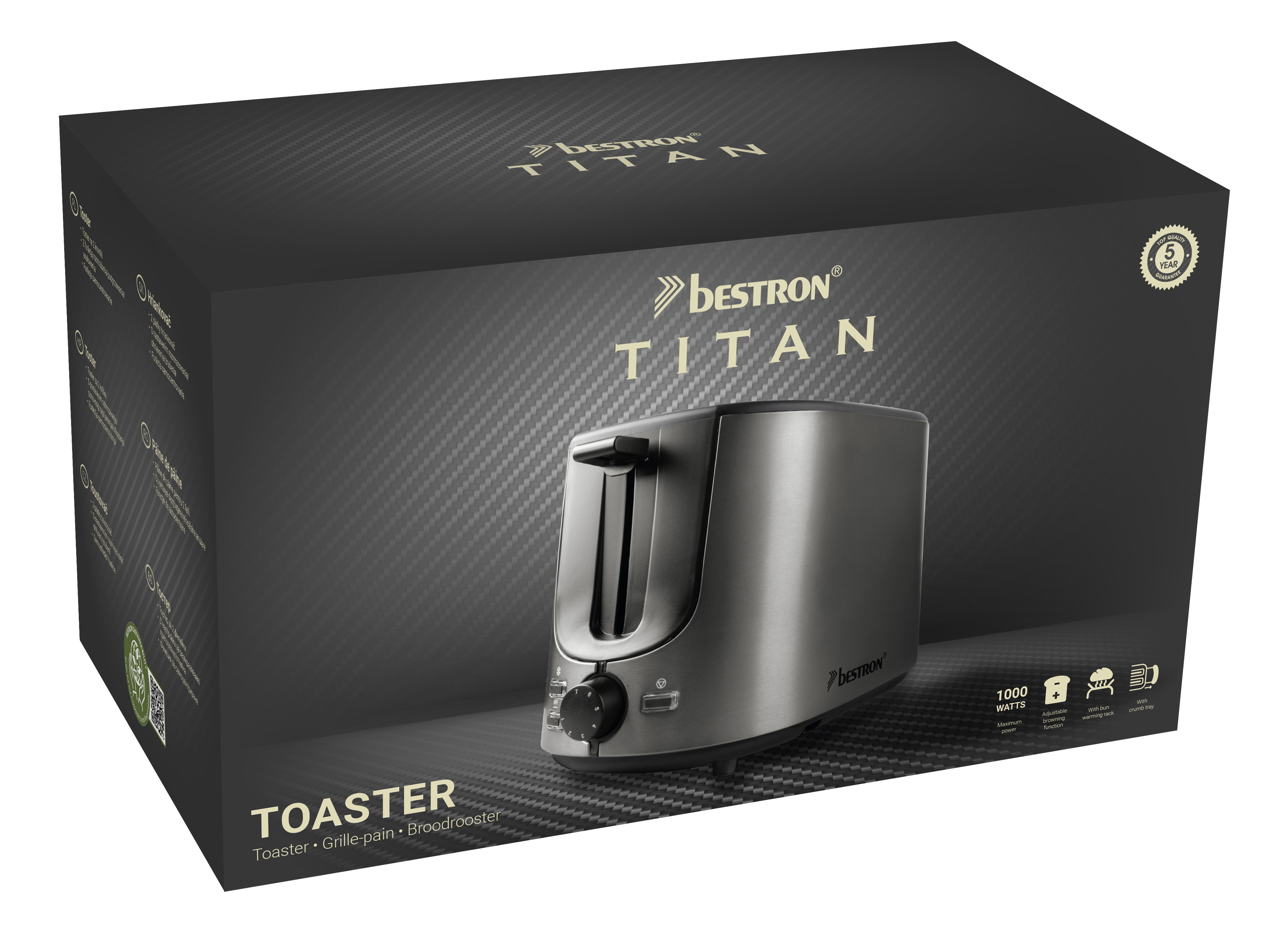 Scatola di un tostapane Bestron Titan argentato da 1000W.