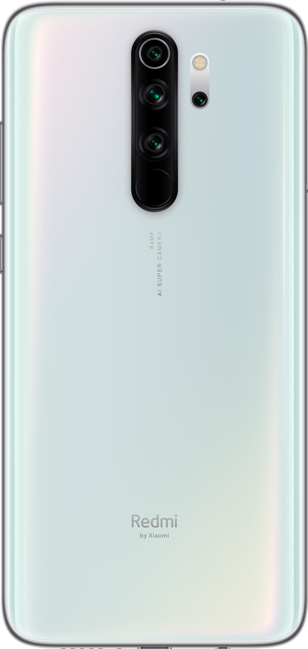 Rückseite eines weißen Smartphones mit vier Kameras und dem Redmi-Logo.