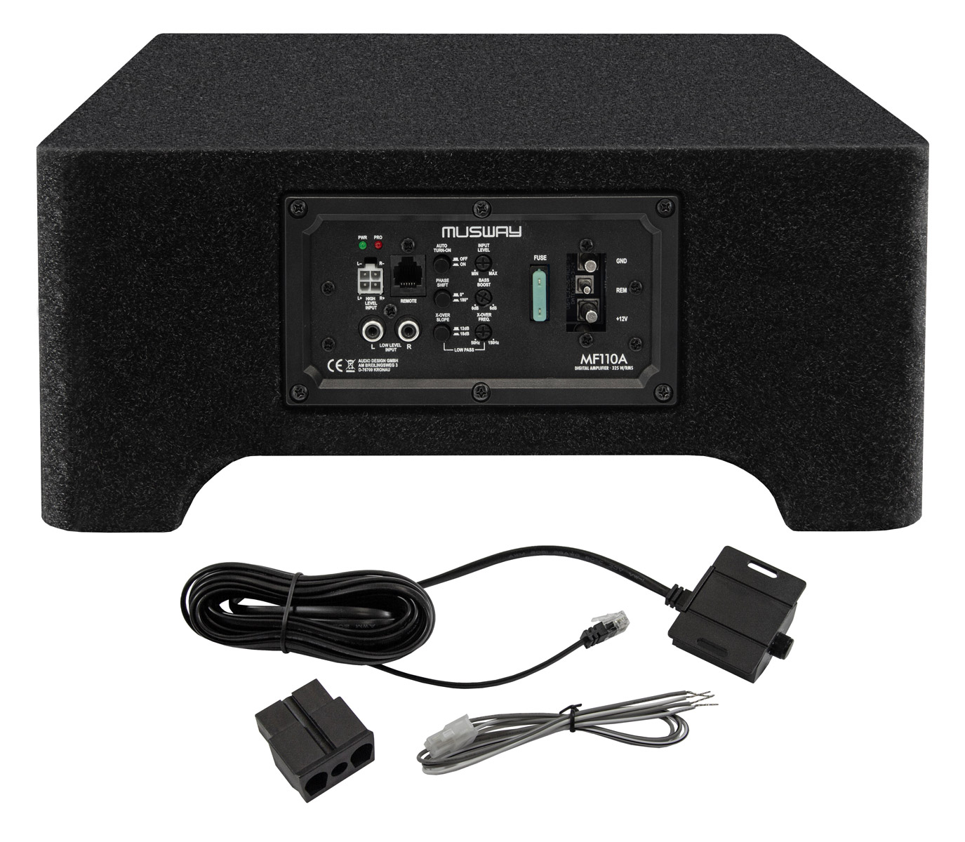 Schwarzer Musway Subwoofer mit Anschlössen und Kabeln.