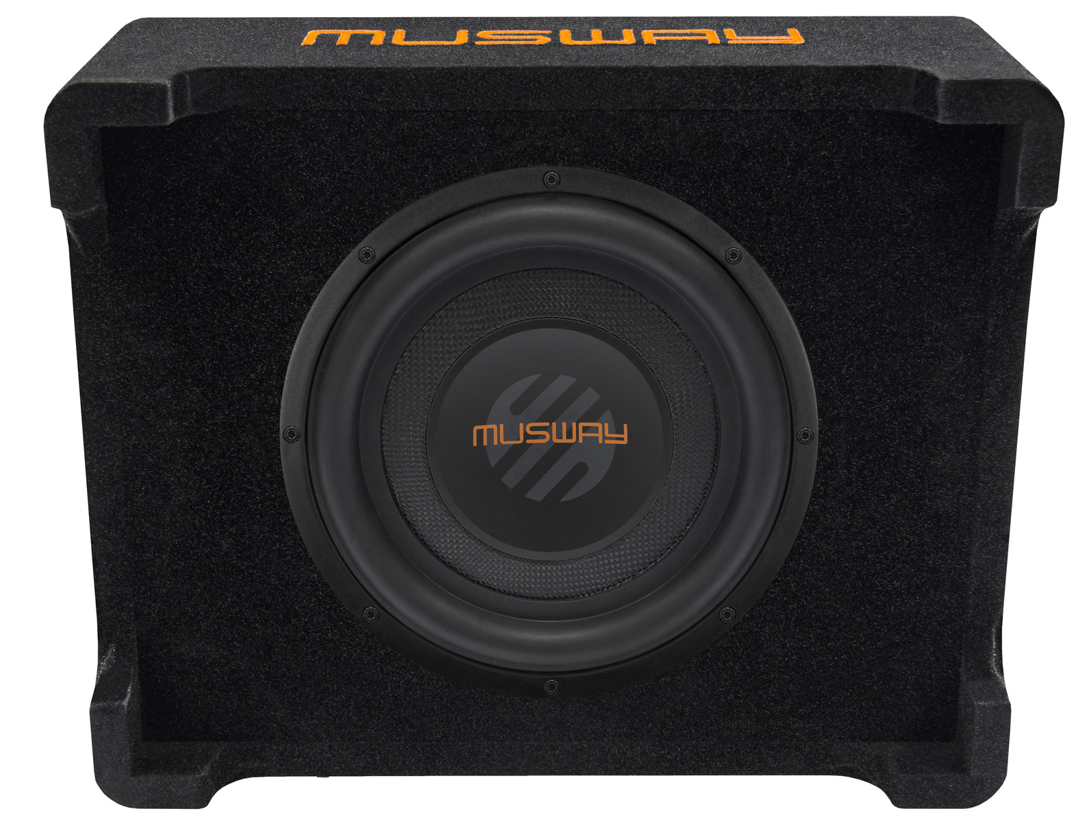 Schwarze Bassbox mit orangem Musway-Logo auf dem Lautsprecher und Gehäuse.