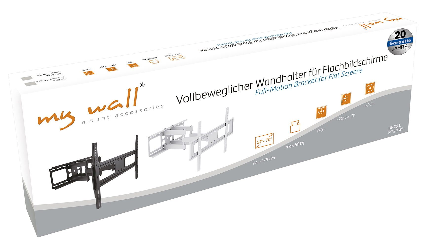 Verpackung für einen schwenkbaren TV-Wandhalter mit Infos zu Größe, Gewicht und Beweglichkeit.