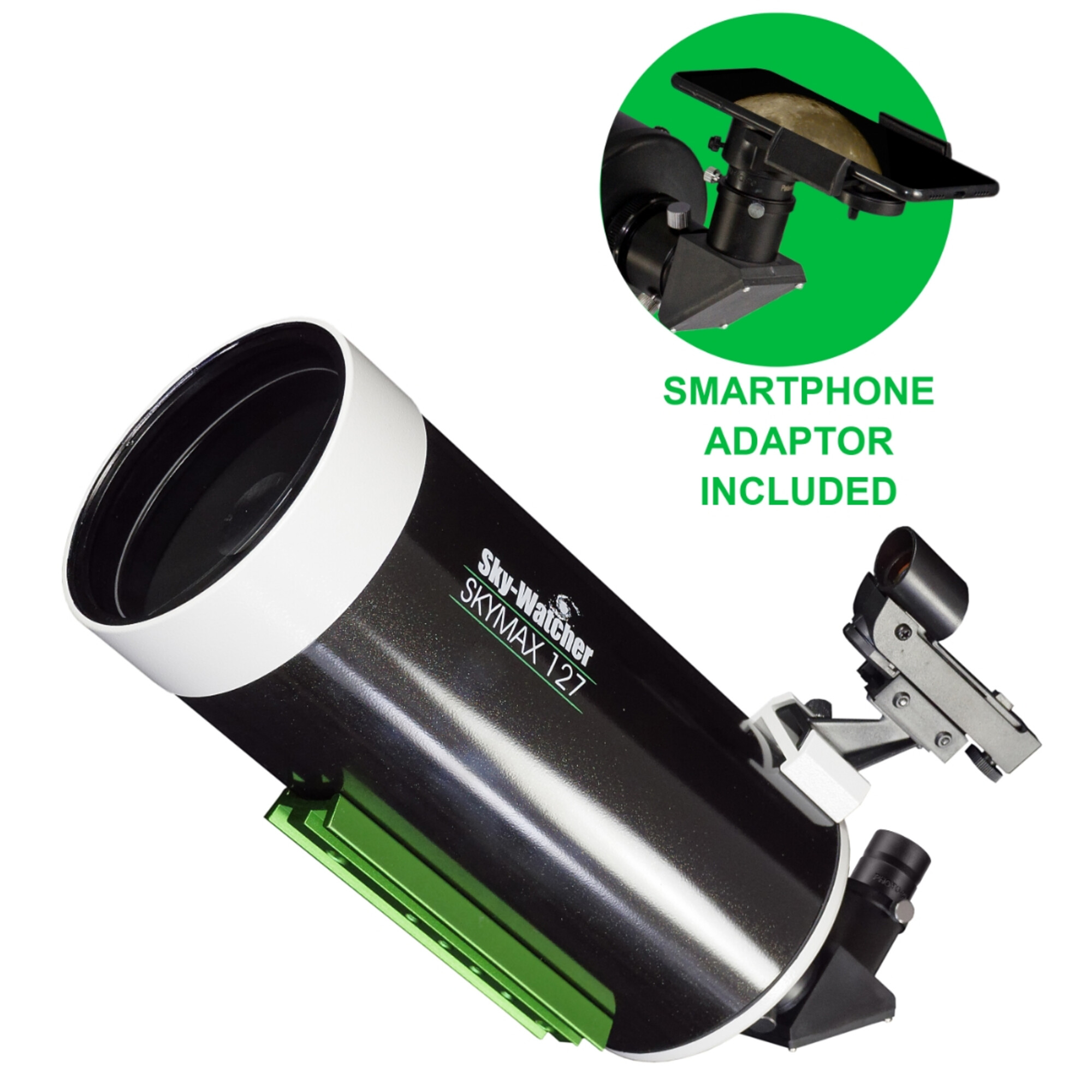 Ein schwarzes Sky-Watcher Skymax 127 Teleskop mit grüner Montierung. Inklusive Smartphone-Adapter.