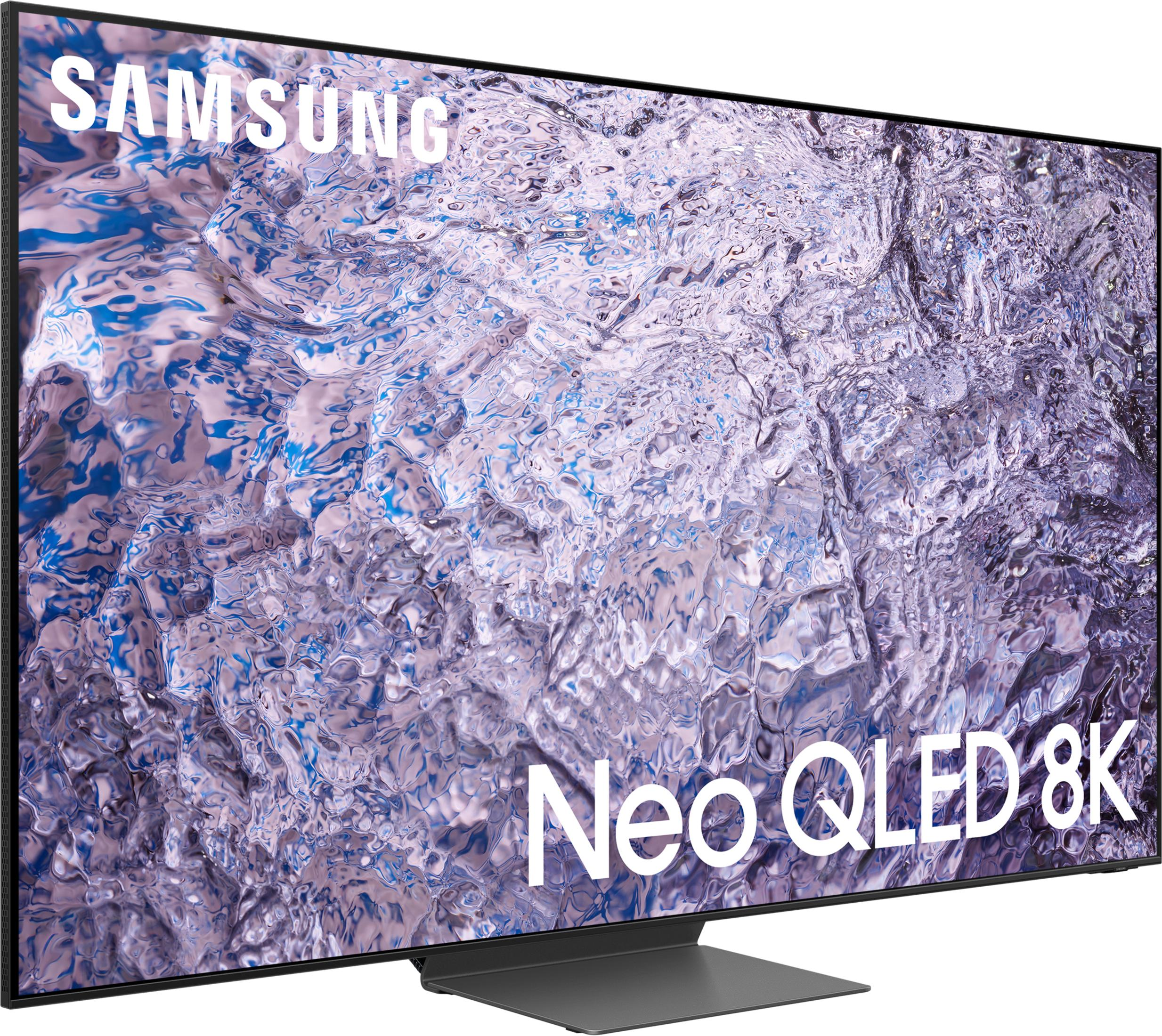 TV Samsung Neo QLED 8K con supporto argentato e sfondo astratto.
