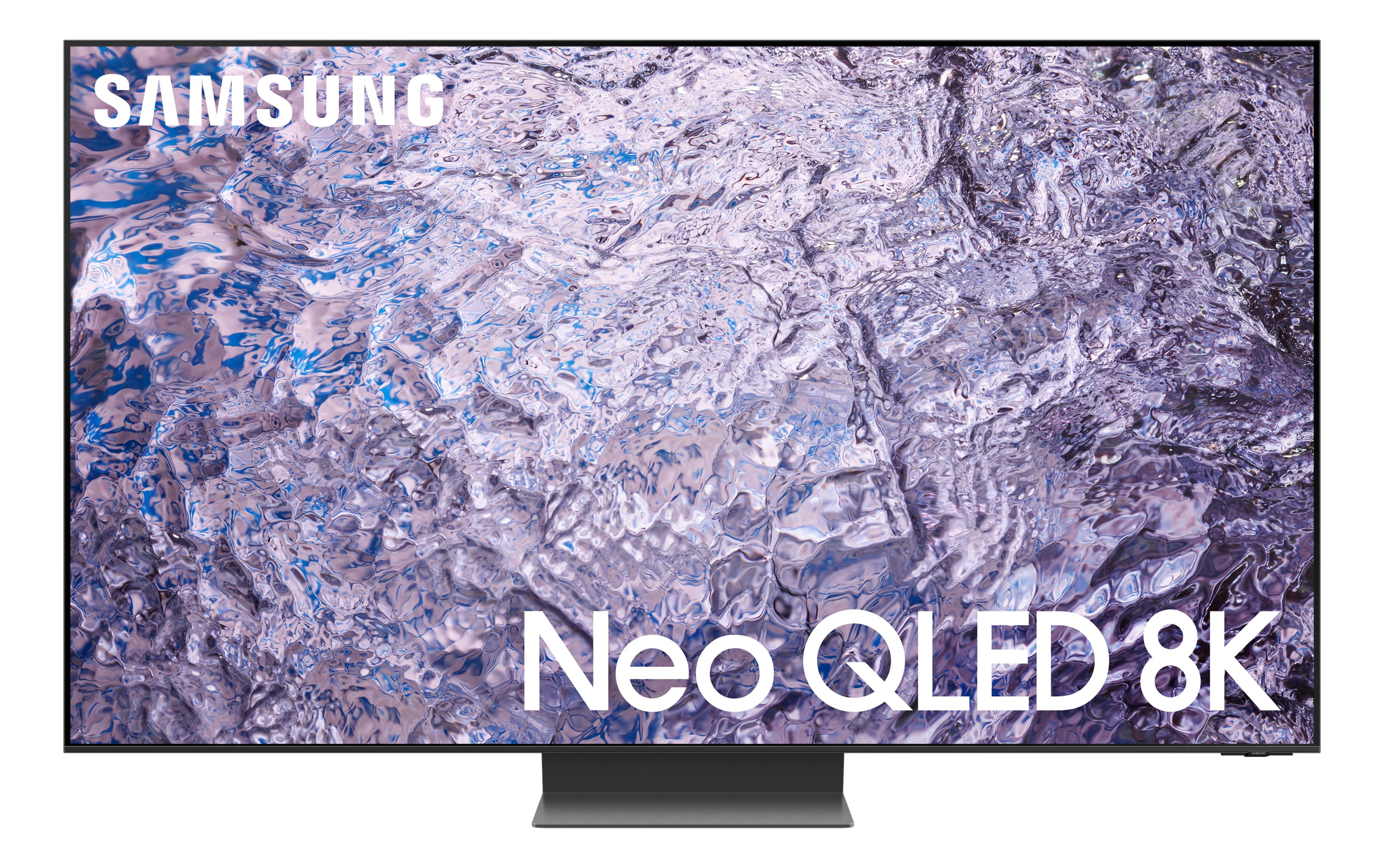 TV Samsung Neo QLED 8K con sfondo astratto liquido viola e blu.
